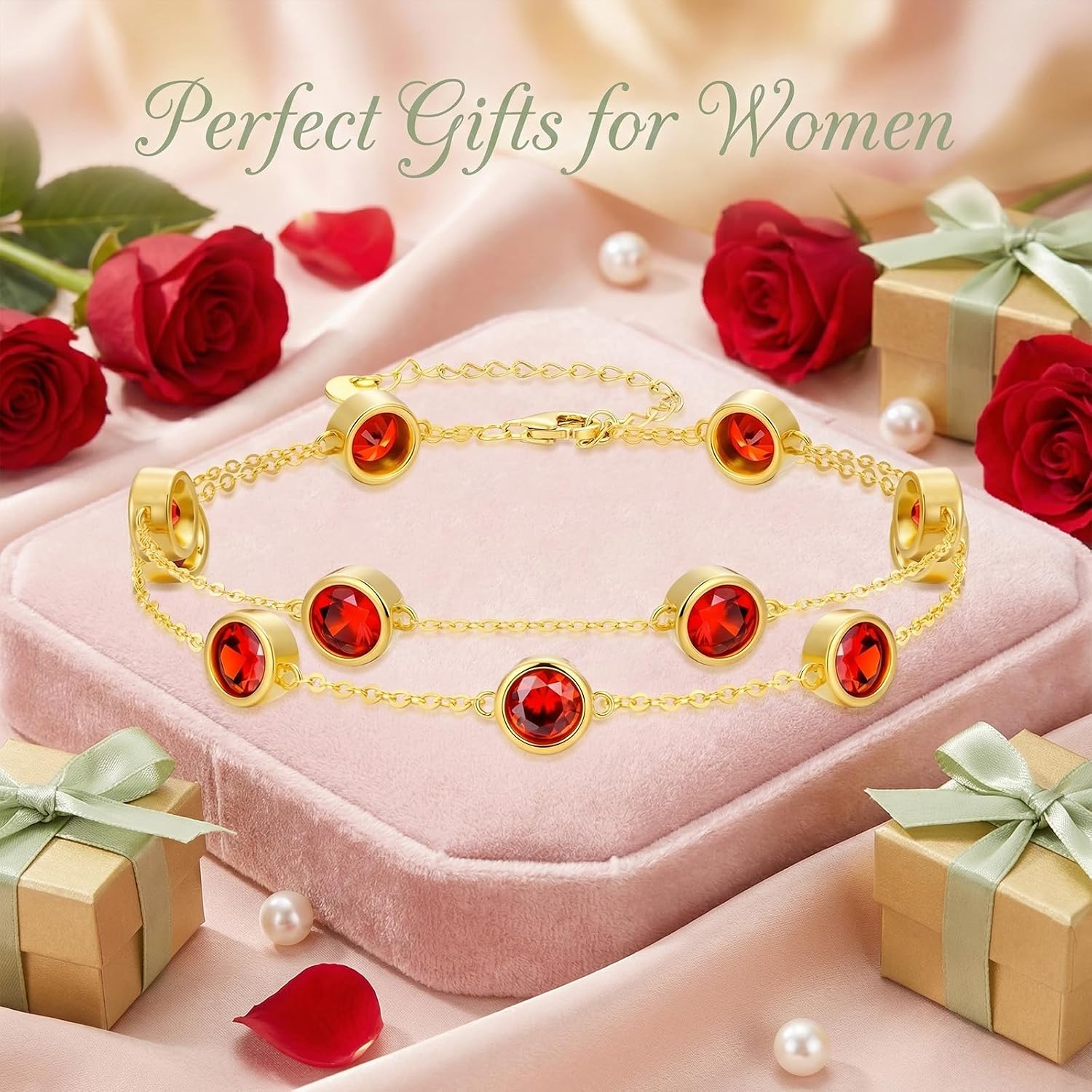 OJK Mothers Day Gifts 14K Gold Birthstone Bracelet for Women 14K Gold Round Layered Bracelets Anniversary Birthday Jewelry Gifts for Wife Mom Her