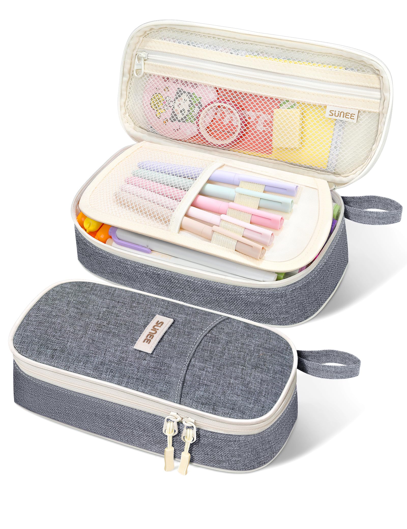 SUNEE Large Capacity Pencil Case with Compartments and Handle, Aesthetic Pen Pouch Organizer, Big Storage Portable Pencil Bag for Girls, Boys, Adults, School and Office Stationery Supplies, Grey โ image 1
