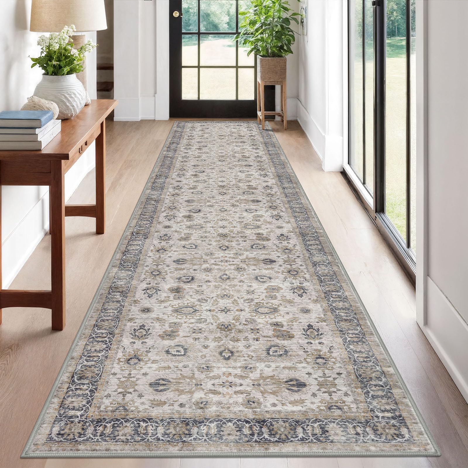 KOZYFLY Vintage Washable Rug Runner 2.6x12 Hallway Rug Runner Grey/Beige — image 1