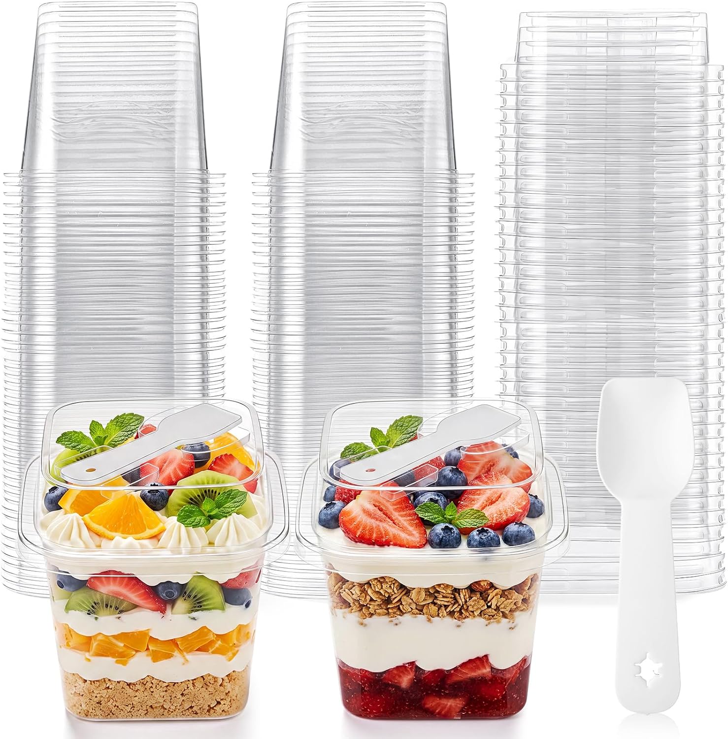 100 Pieces 12oz Plastic Dessert Cups with Lids and Spoons Square Containers Disposable Parfait for Wedding Party Banana Pudding Appetizer Mousse Fruit Cupcakes Yogurt Oatmeal Serving