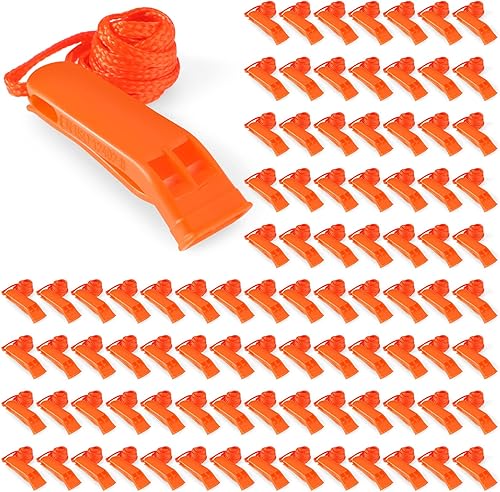 100 piezas de silbato de emergencia con cordón, silbato de seguridad, silbato de supervivencia, explosión fuerte para seguridad, camping,
