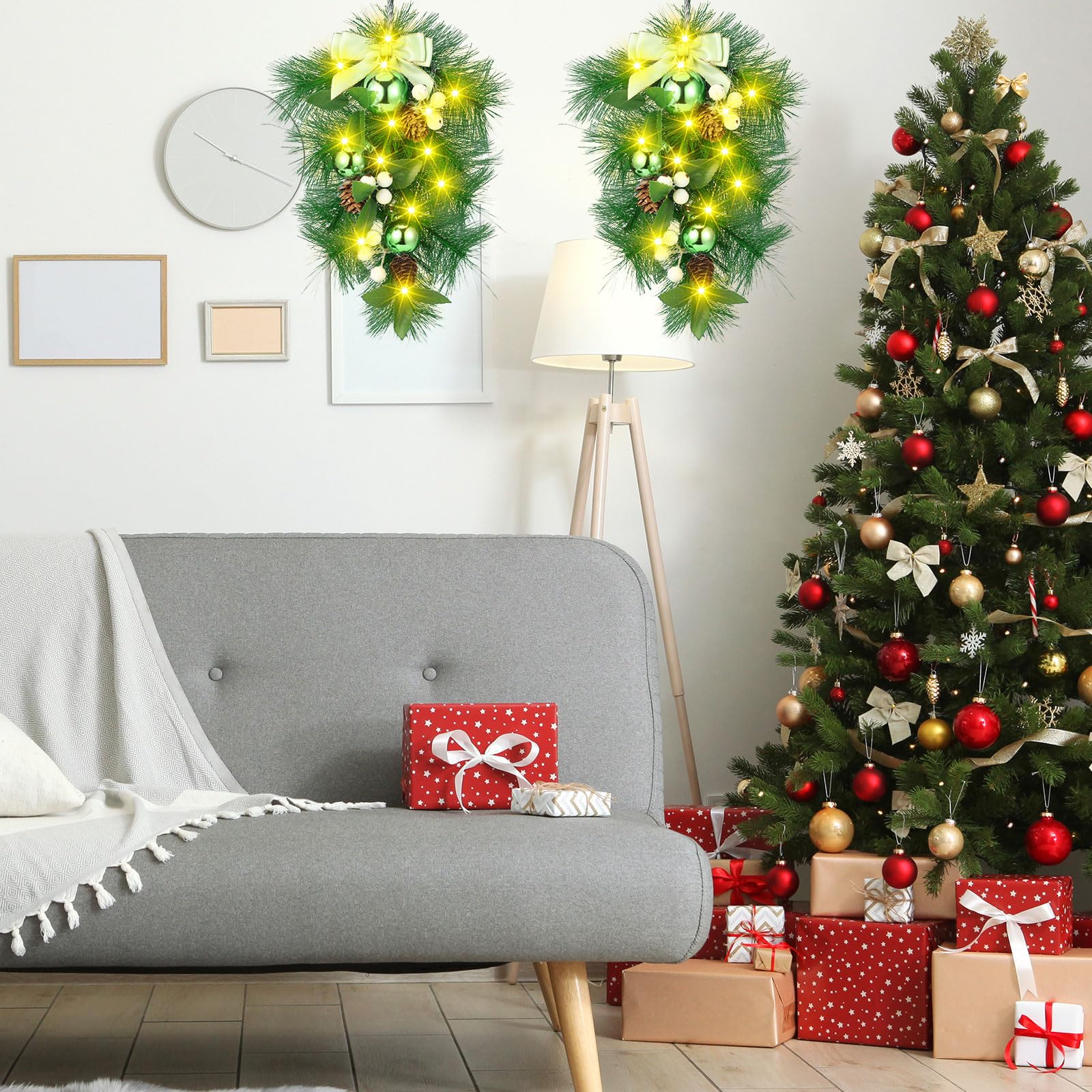 Riceshoot 4 Pcs 9'' Christmas Swag Green Decorative Teardrop Swag Hanging Teardrop Door Ornaments with Lights Bow Pine Cones Artificial Leaves for Xmas Wall Window Decoration