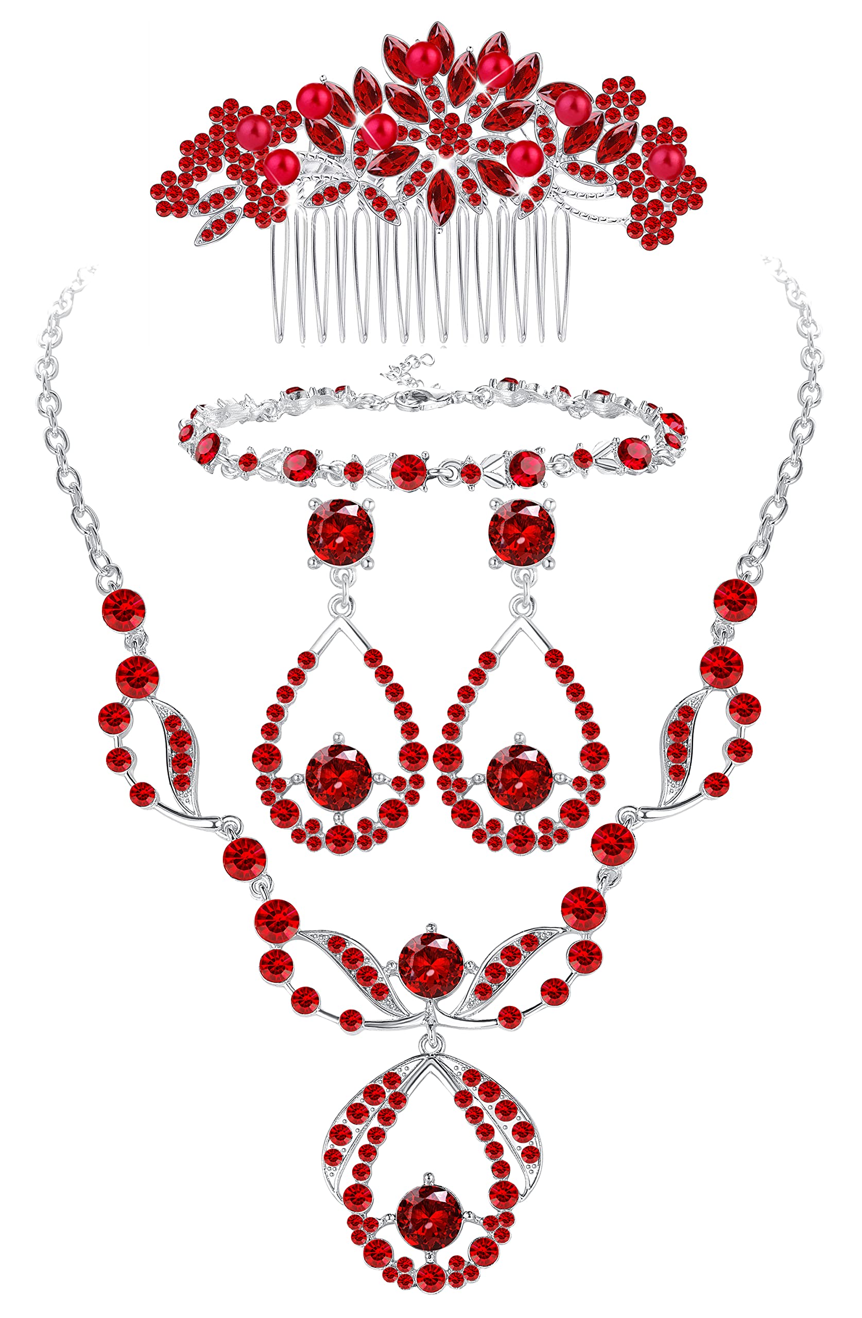 Kakonia Conjunto de joyería nupcial de cristalpara baile de graduación, boda, novia, damas de honor, collar de diamantes de imitación Vintage, pendientes, pulsera, peine para mujer