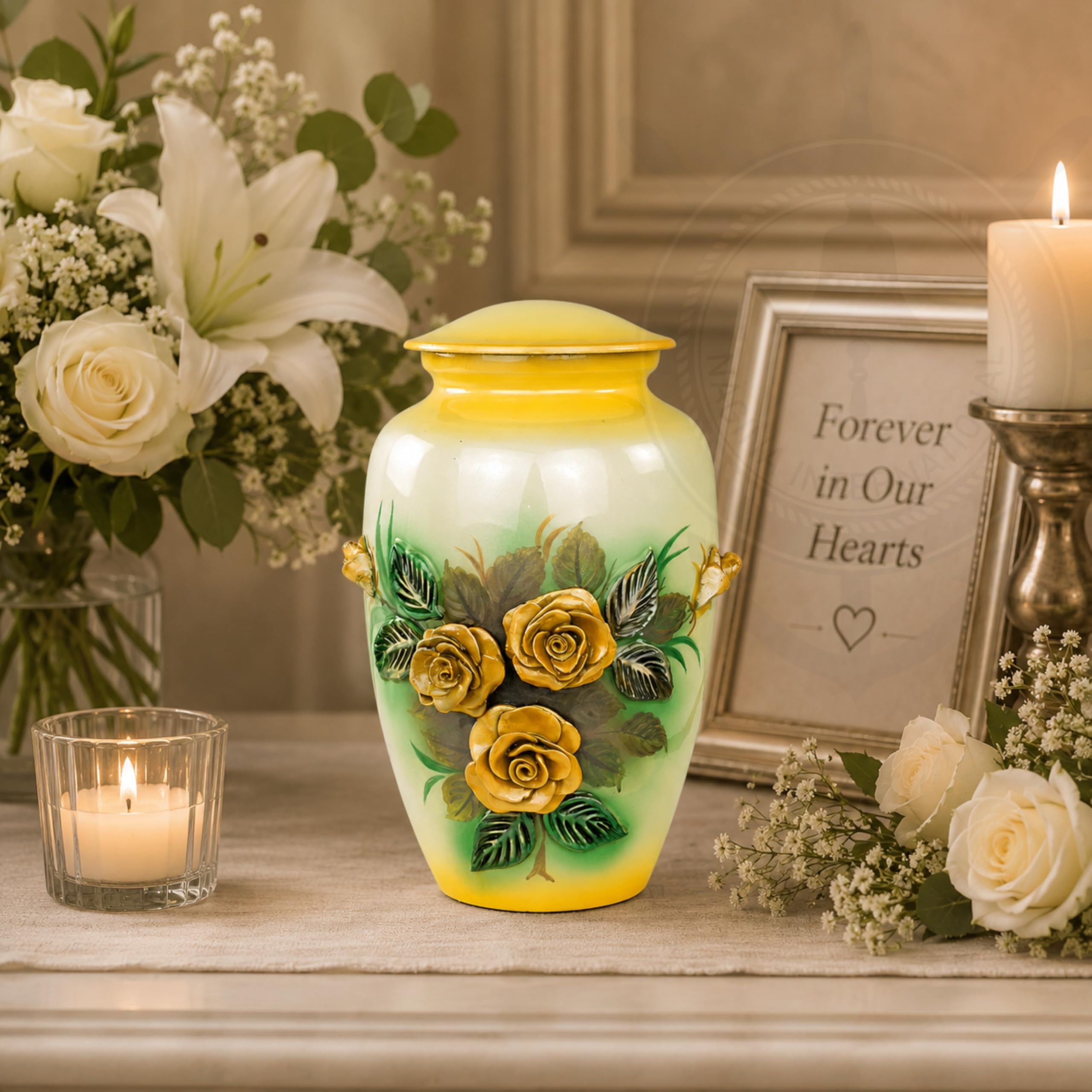 11" 3D Carved Decorative Flowers Aluminum Metal Cremation Urns for Human Ashes | Hand-Crafted Large Urn for Adult Cremation (Yellow Roses)