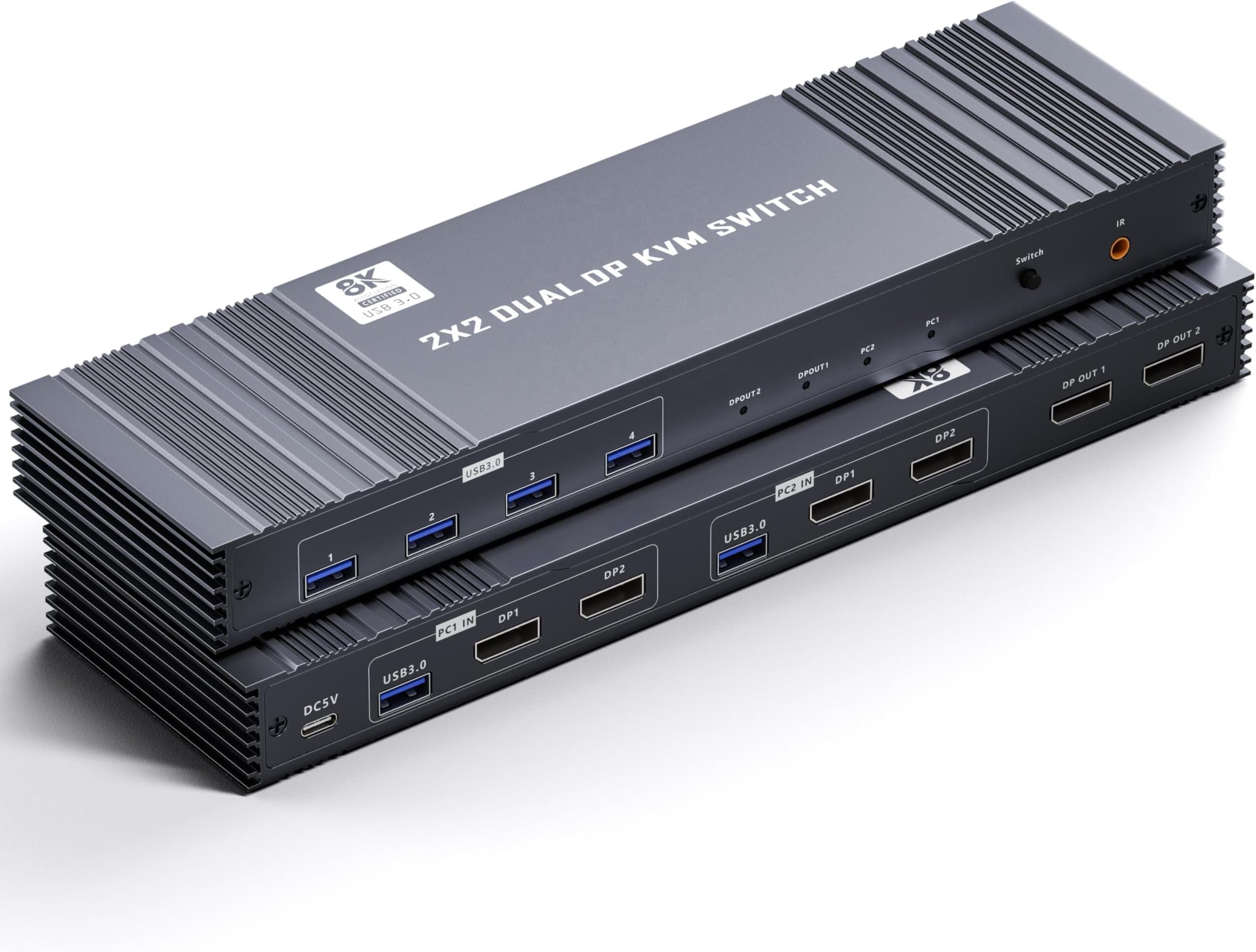8K Displayport KVM Switch 2 Monitors 2 Computers PD+DP 4K@144Hz Display Port USB3.0 Dual Monitor KVM Switches for 2 PC Sharing 2 Monitor of 1 Set Keyboard Mouse and USB Device with IR EPL-1487H