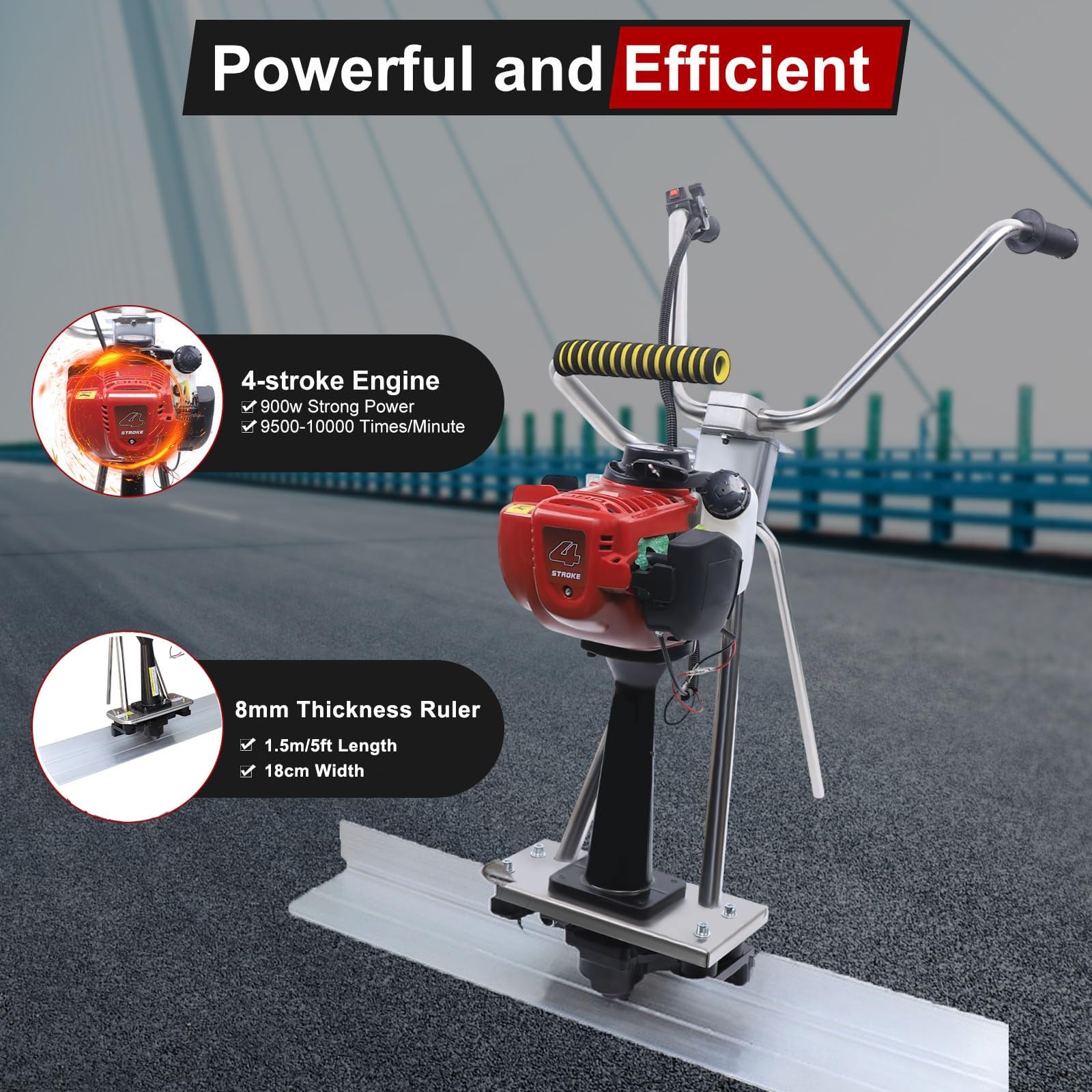 Kit de regla vibratoria para hormigón, herramienta de hormigón con regla de aluminio de 5ft, máquina vibratoria de 4 tiempos para acabado de superficies de cemento en la construcción