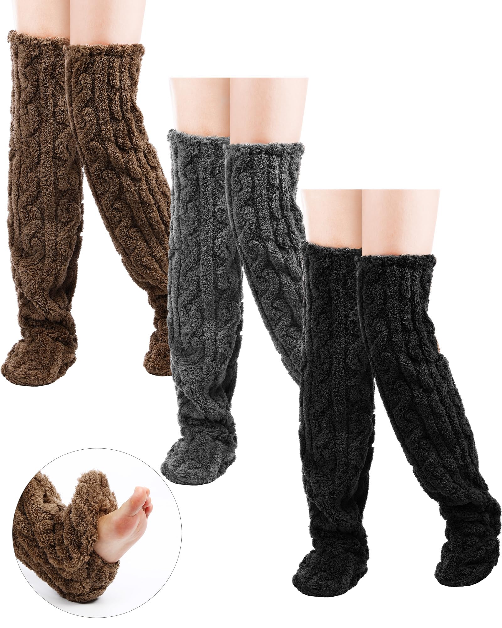 Geyoga 3 Pairs Over Knee Fuzzy Socks High Fuzzy Leg Warmers Over Knee Plush Slipper Socks for Women