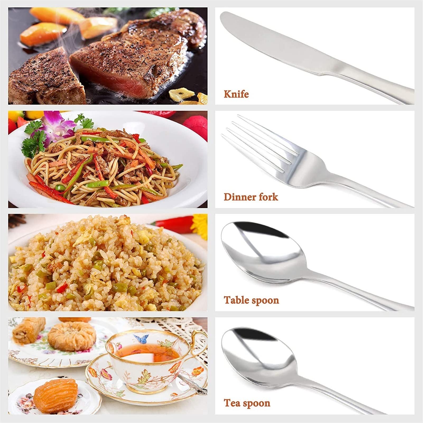 4 Teilig Edelstahl Besteckset Set, Besteck Set 6 Personen mit Messer Gabel Löffel, Modernes Besteckset,Spülmaschinenfest Poliert & Rostfrei für Home/Restaurant (Color : Silver)