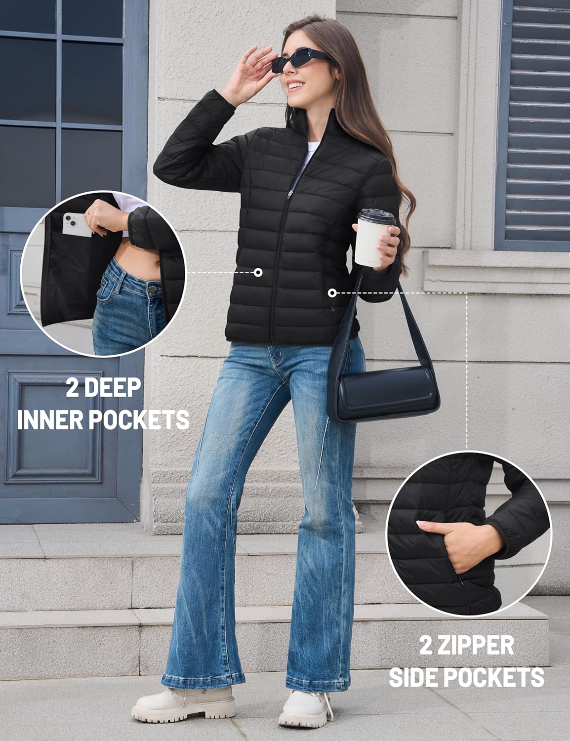 MAGCOMSEN Women's Puffer Jacket Lightweight Quilted Padded 4 Pockets Zip-up Stand-collar Winter Fleece Coat - Image 7