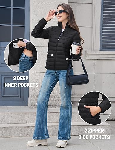 Miniatura 6 de MAGCOMSEN Chaqueta acolchada ligera para mujer, con 4 bolsillos, con cremallera, cuello alto, forro polar de invierno