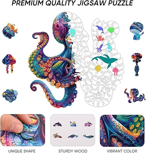 Miniatura 3 de Qiuenisray Rompecabezas de madera para adultos, rompecabezas de pulpo oceánico de 200 piezas, rompecabezas de madera fresca, decoración de pared,