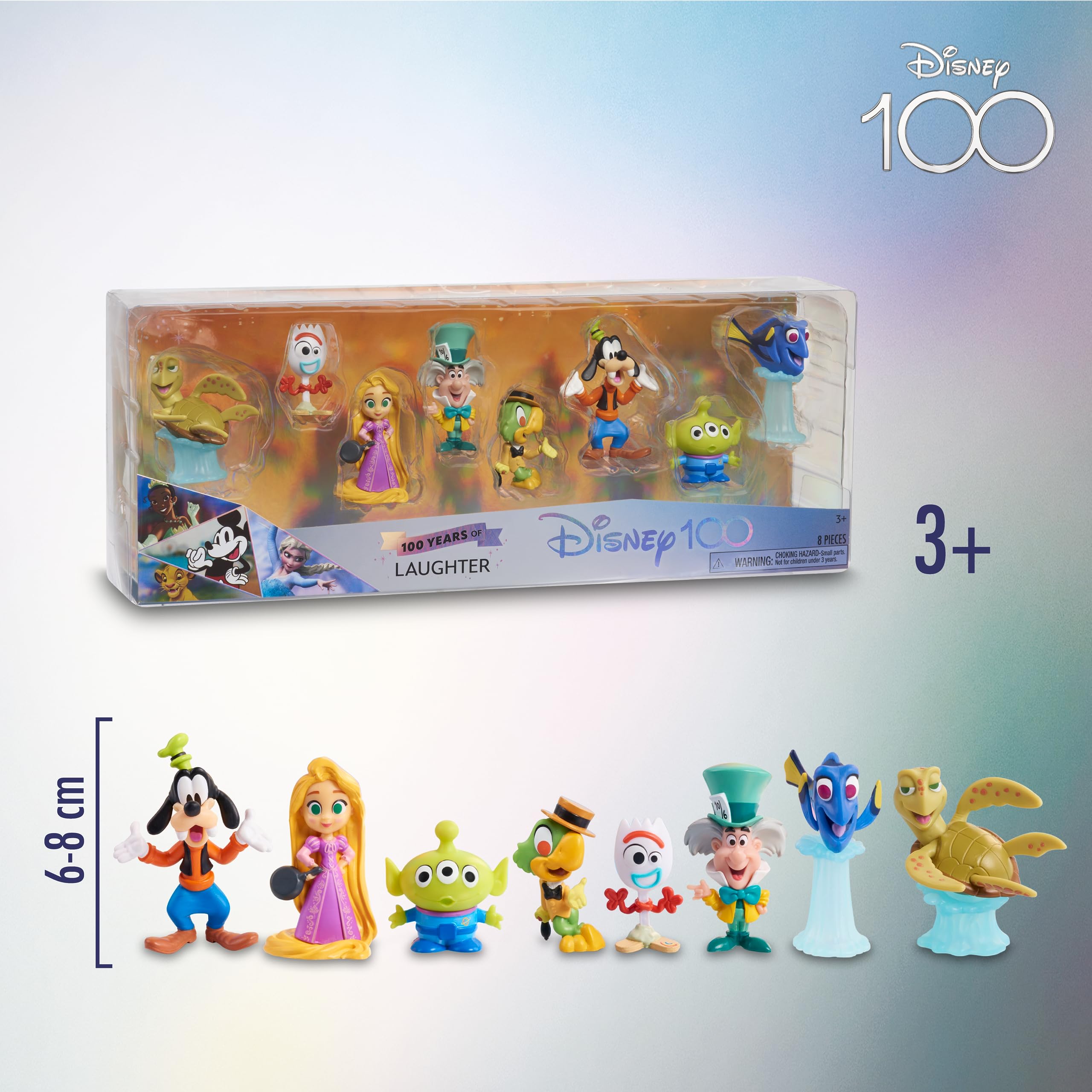 Disney 100 Laughter Pack, kolekcjonerska zabawka z postaciami Disneya, zawiera 8 różnych figurek, 100% oficjalna licencja produktu, 12 do kolekcjonowania, 3 lata, Famosa (DED16200)