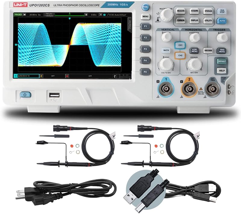 UNI-T UPO1202CS Osciloscopio digital 200MHz 2 canales 1GSa/s 56Mpts 500,000wfms/s Pantalla ultra fósforo, muestreo FFT de 1 Mpts, Osciloscopio 200MHz