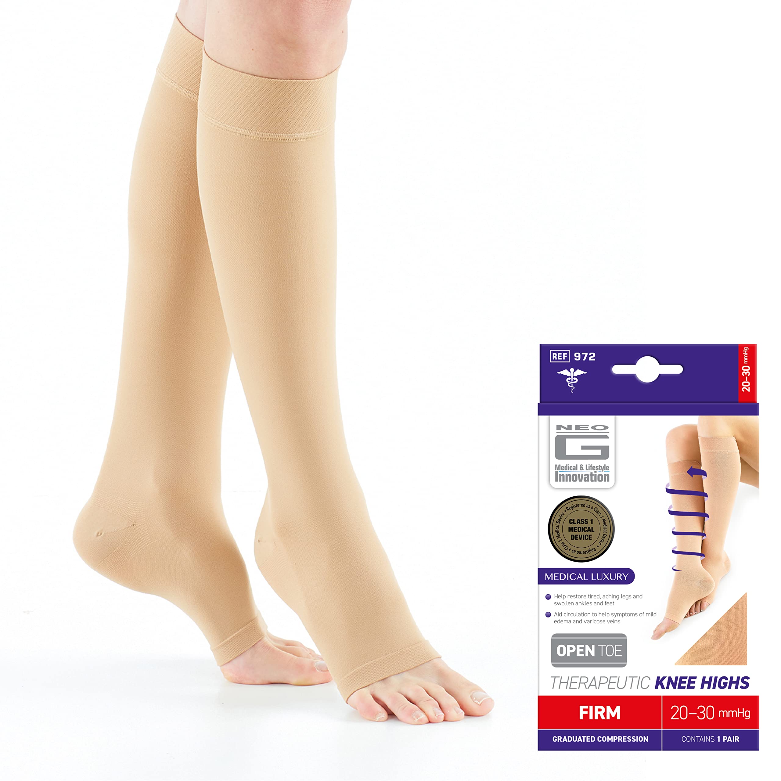 Neo G Therapeutic Compression Socks for Women 20-30 mmhg knee high - for spider or varicose veins, swollen legs, feet, ankles, edema. Closed or Open