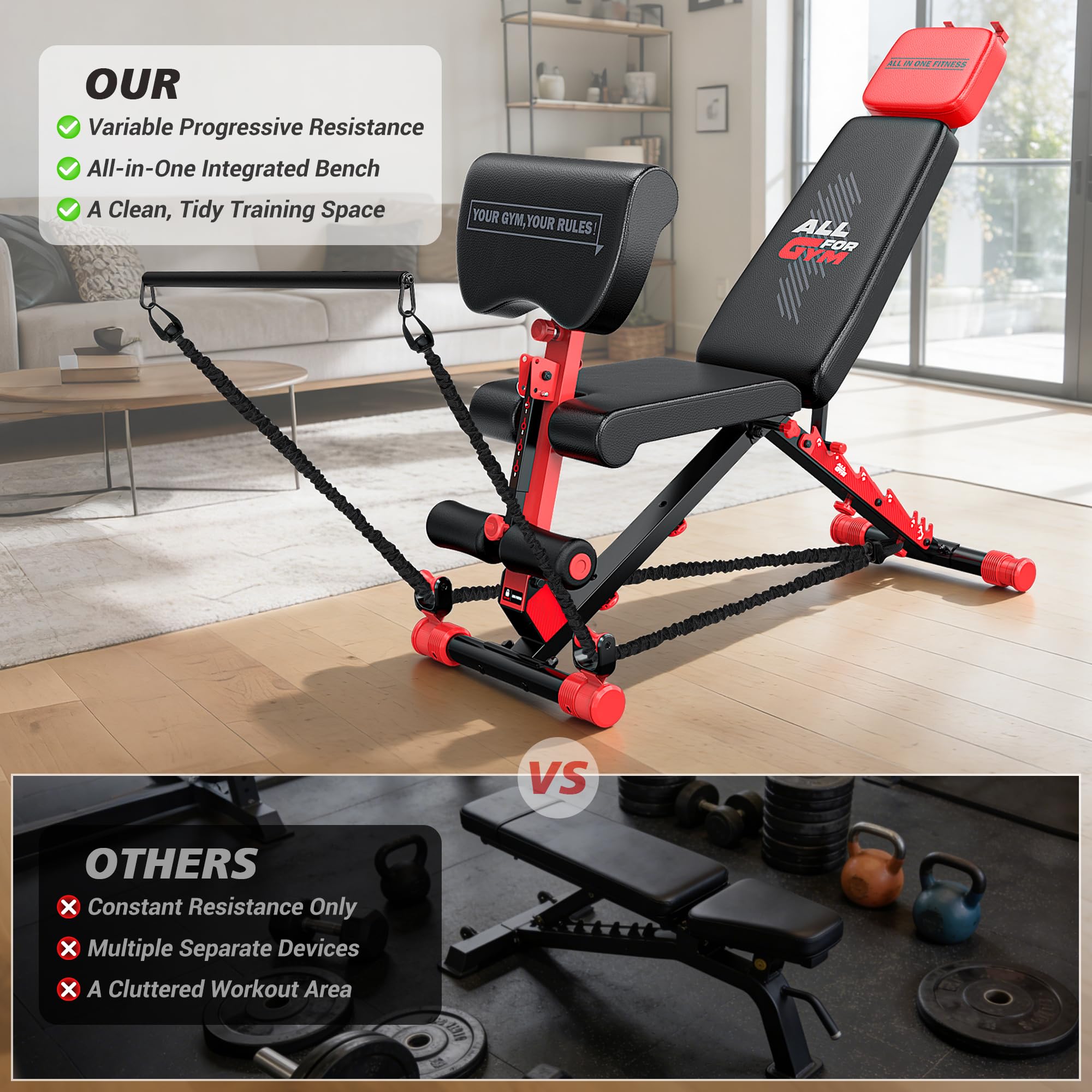 Workout Bench, Foldable Weight Bench with Variable Resistance Training Set, 880LBS Adjustable Bench with Leg Extension, Preacher Curl, Extended Headrest, Incline Decline Flat Bench for Strength Training
