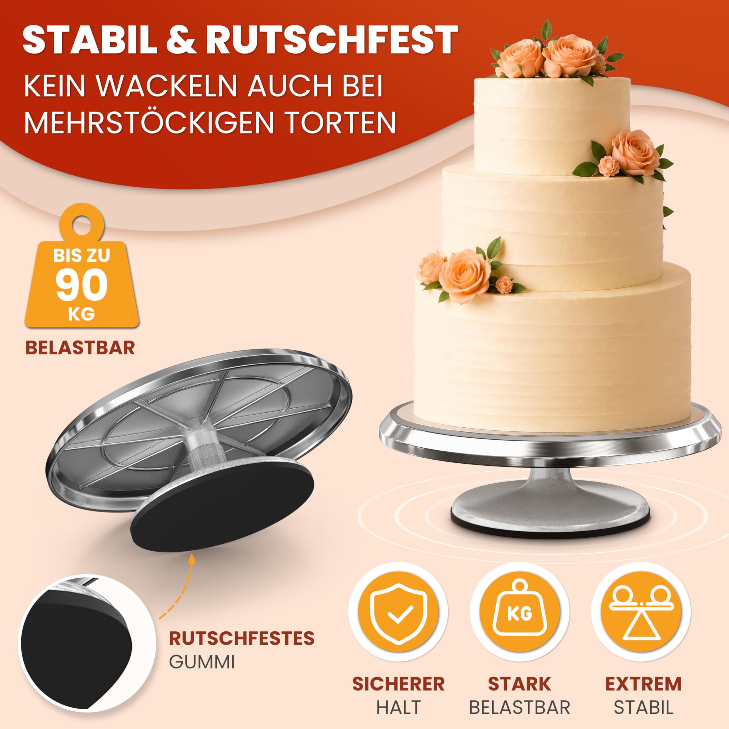 Profi Drehteller Torte (Set) – 30 cm Aluminium Tortendrehteller mit Antirutschboden inkl. 2 Winkelpalette & 3 Teigschaber aus Edelstahl | Stabile drehbare Tortenplatte mit Tortenzubehör