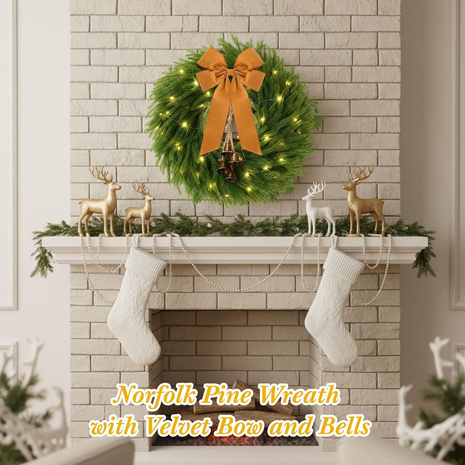 2 pack 22 inch pre-lit christmas wreath norfolk pine wreath with velvet bow and bells realistic greenery holiday decoration for front door indoor outdoor christmas decor(camel)