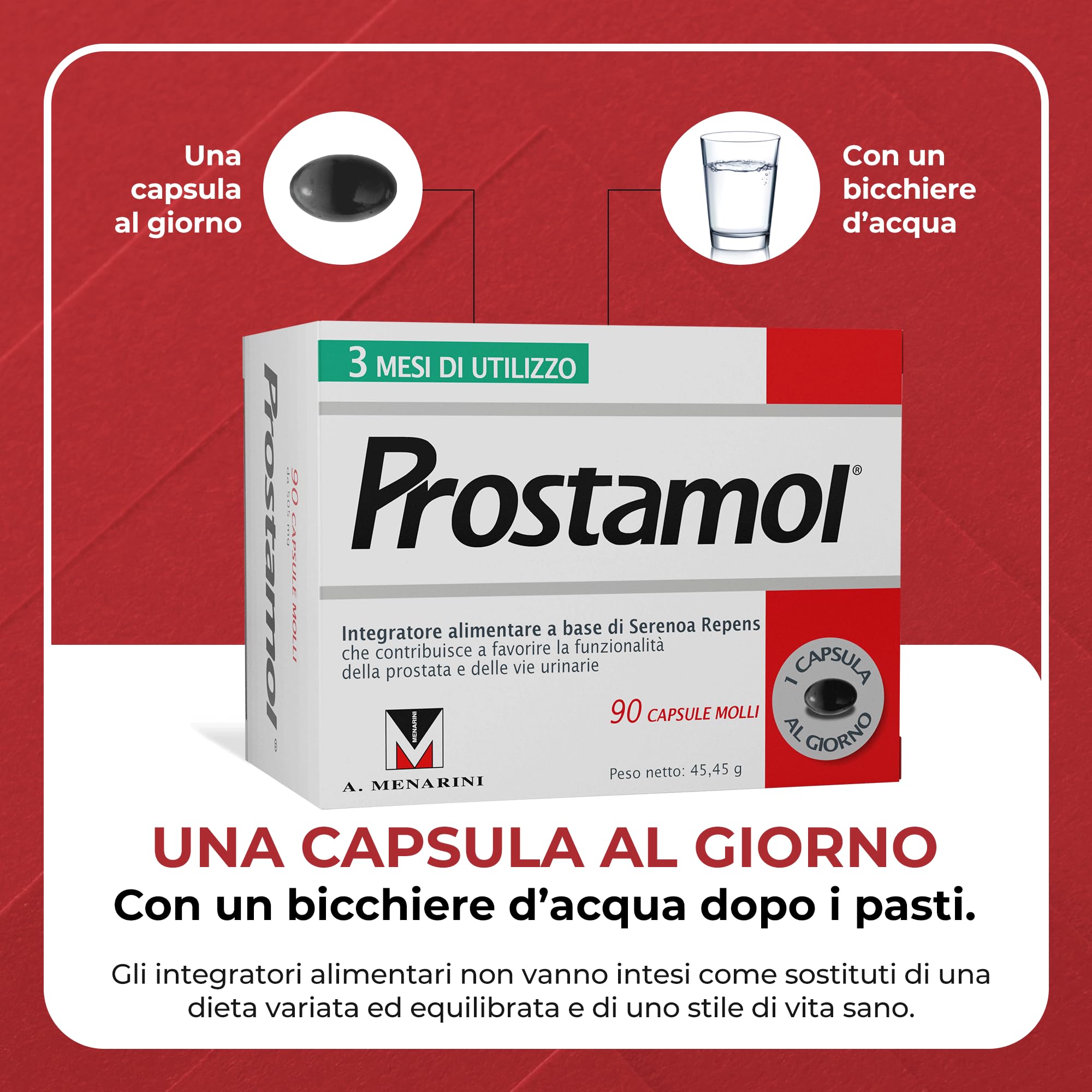 Prostamol 90 Capsule Molli - Integratore Alimentare a base di Serenoa repens (320 mg) per la Funzionalità della Prostata e delle Vie Urinarie. Senza Glutine.