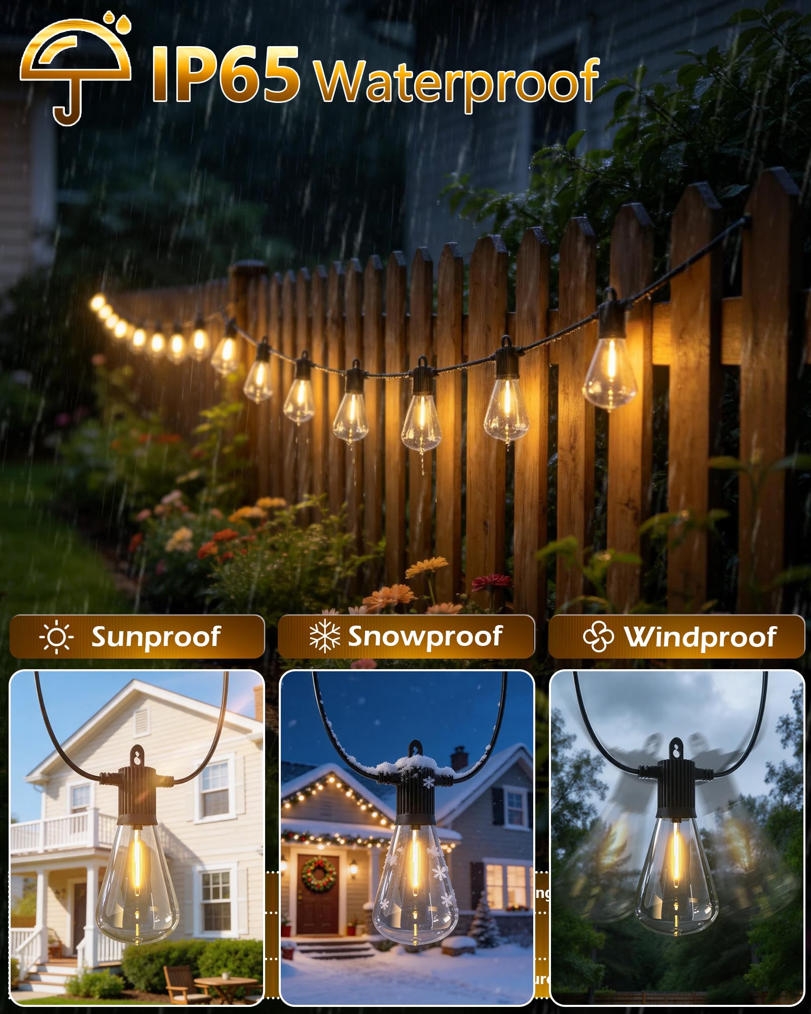 LED-Lichterkette für den Außenbereich, 30 m, Terrassenlicht mit 52 bruchsicheren ST38-Edison-Glühbirnen, wasserdichte Außenleuchte für Urlaub, Veranda, Deck, Garten, Hinterhof, Balkon, 2700