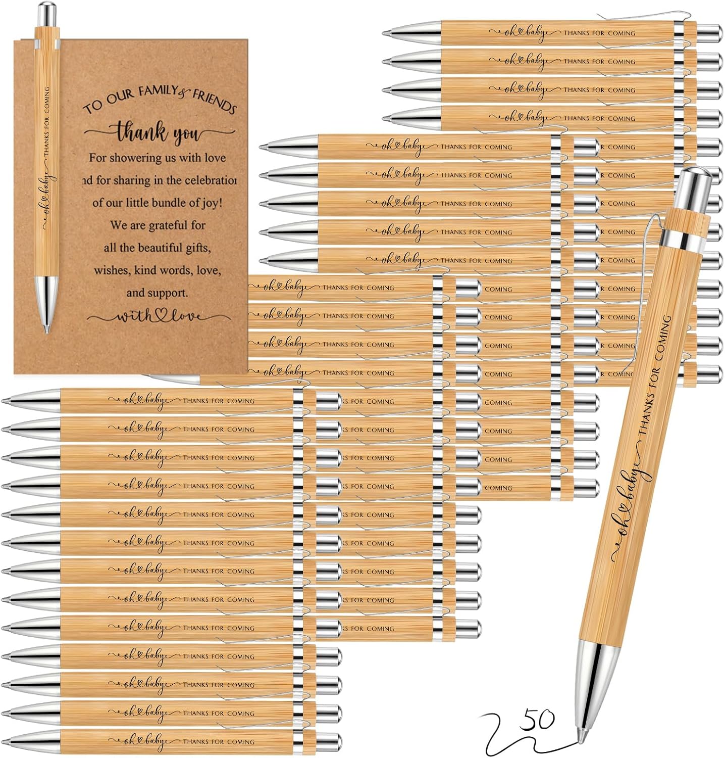 Seajan 50 Sets Baby Shower Gifts for Guests, Baby Shower Favors Includes 50 Pcs Retractable Pens, Bamboo Pens Bulk, 50 Thank You Cards for Gender Reveal Return Gifts Birthday Party Souvenirs Prizes