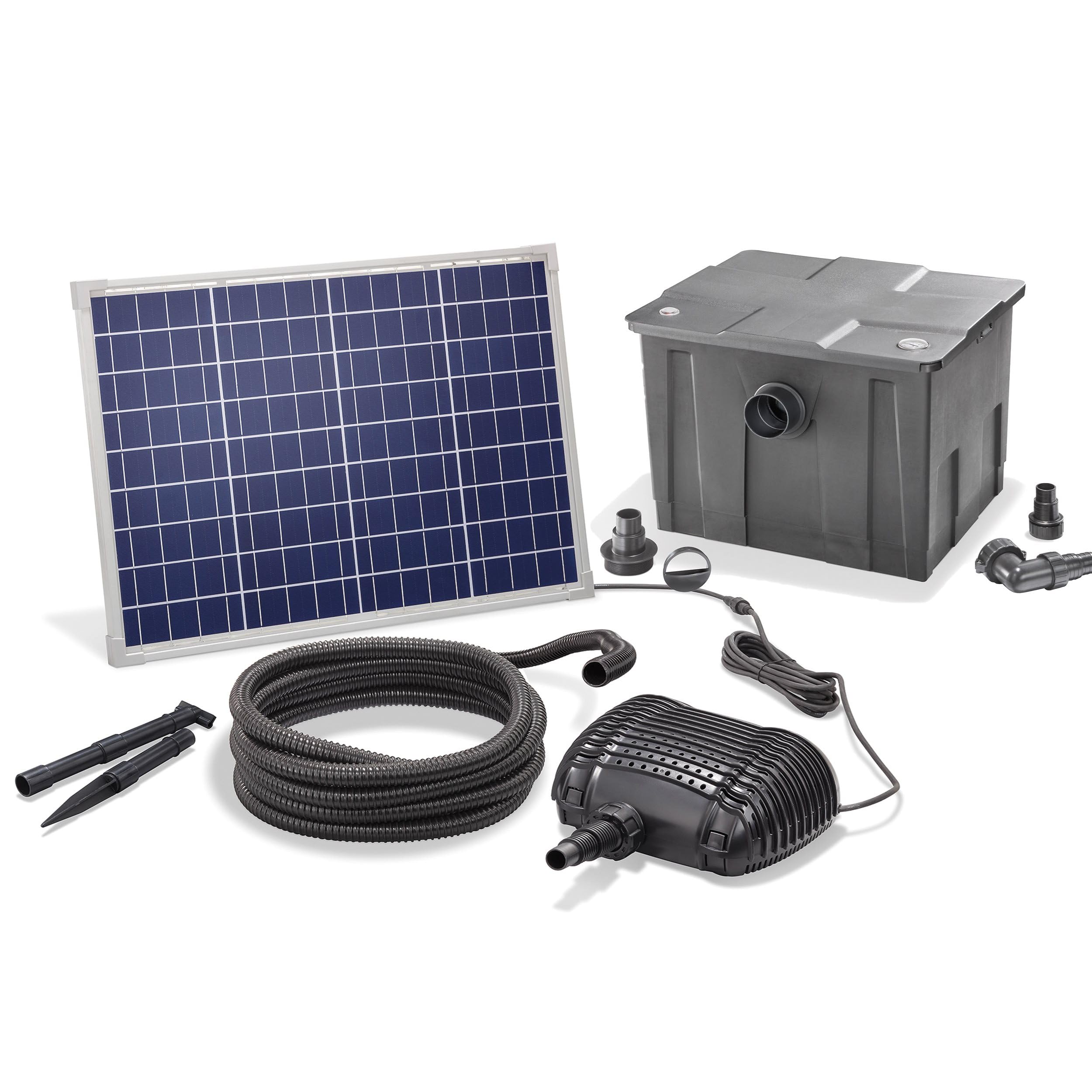 esotec Solar Teichfilterset Premium 50/2500, Teichfilter Komplettset mit Pumpe 2500 l/h, Gartenteich Außenfilter, mehrere Programm-Modi, Teichpumpe, 50Wp, Förderhöhe 2m, IP68 101080
