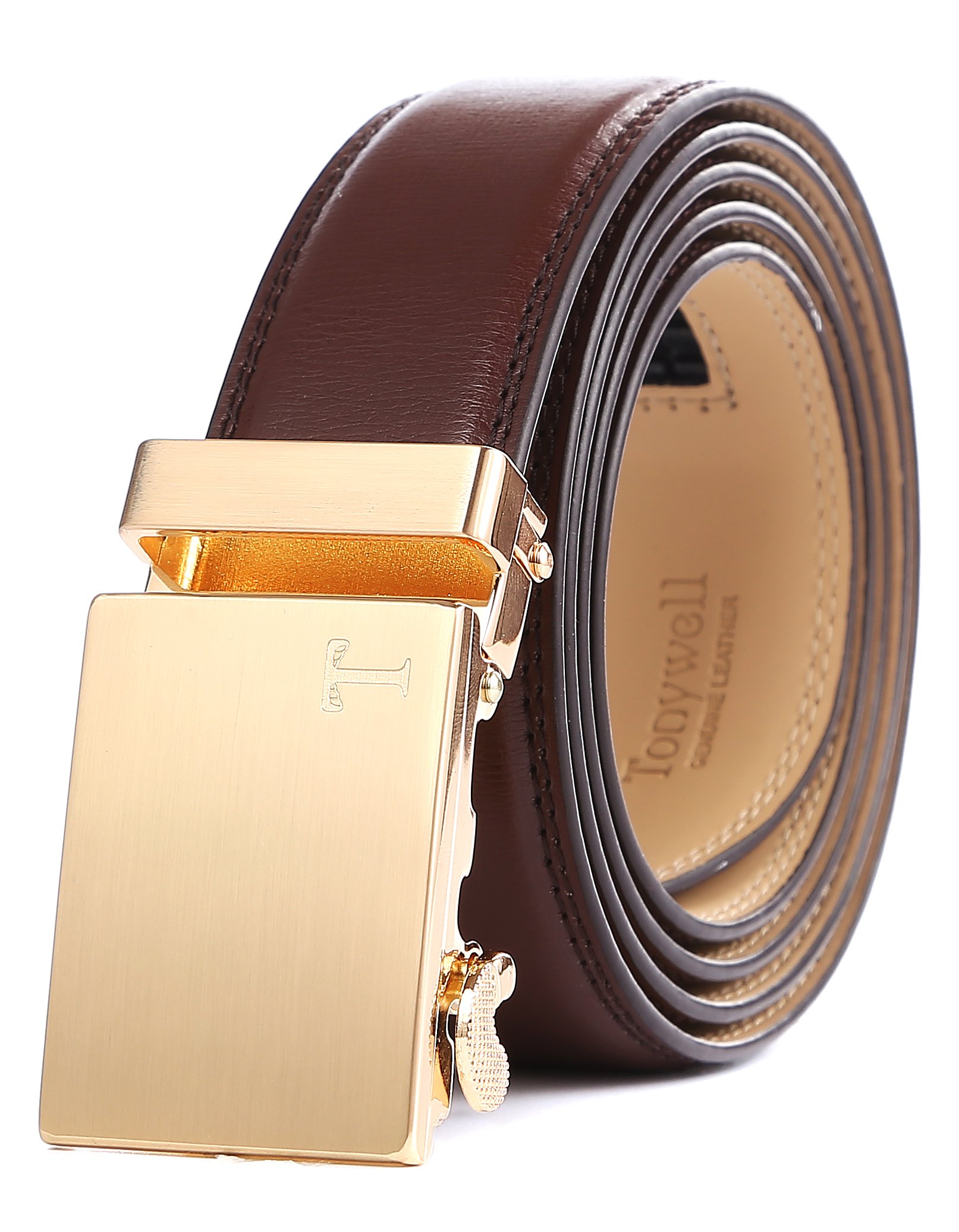 Tonywell Mens Genuine Leather Ratchet Belt Fashion Belts with Automatic Buckle, Gold Metal Buckle & Brown Leather, 32"-45" Waist