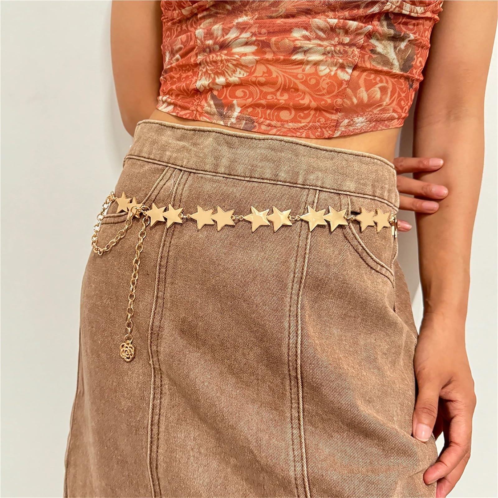 Cintura a catena da donna, regolabile, dorata, con conchiglia, stile country, per abiti e jeans