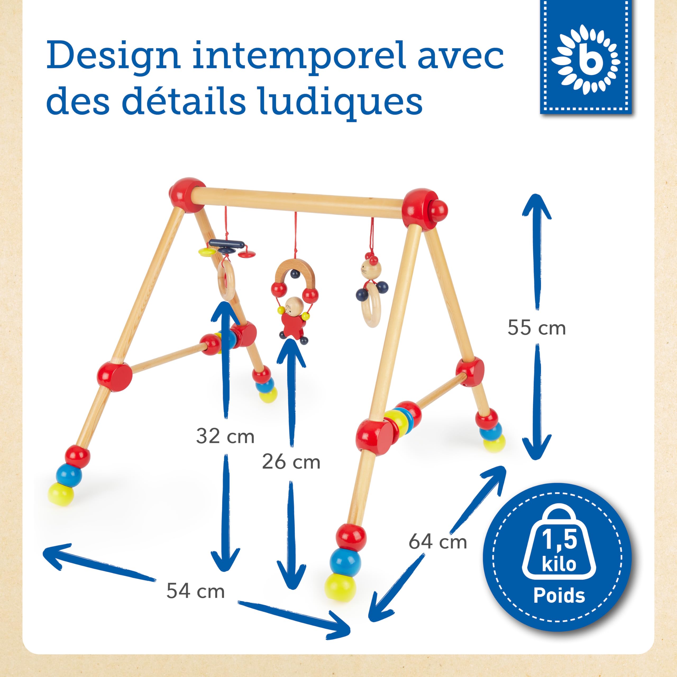 Arche De Jeu Bébé Bieco En Bois - Trapèze Avec Hochets - Centre D'Activité Mobile - 54x54x48 Cm