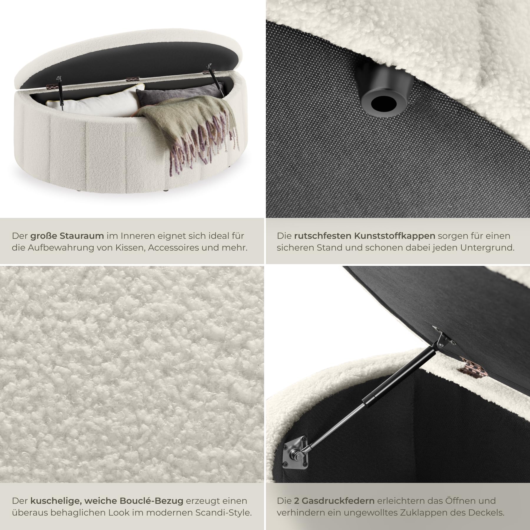 TecTake® Polsterbank, 108 x 48 x 38,5 cm, mit Stauraum, 150 kg belastbar, Polsterdeckel mit Gasdruckfeder, Sitzbank, Komfortbank, gepolsterte Bank, Polster Sitzbank, Bank mit Polster - Bouclé Creme