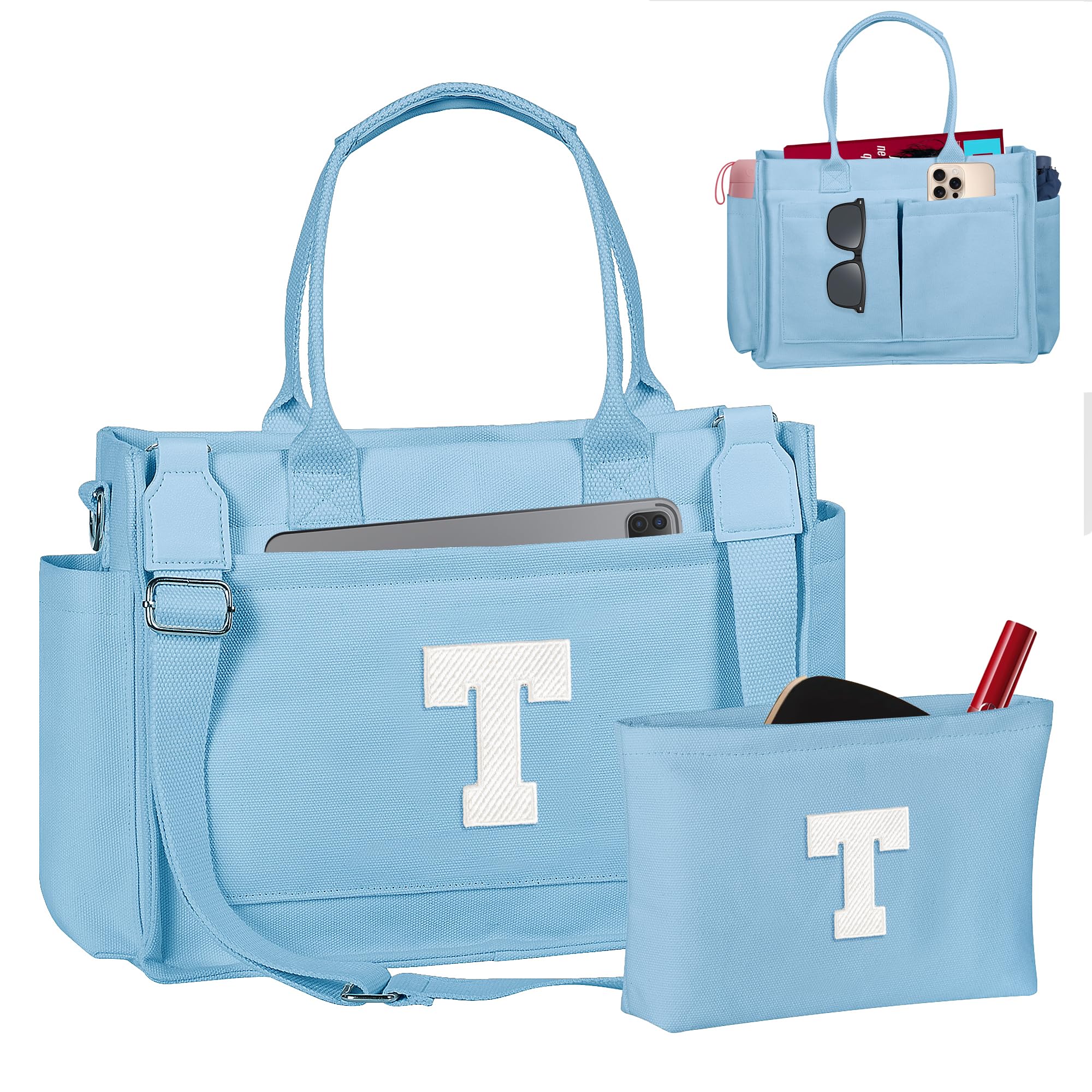 Freesya Valentines Day Gifts for Her, Initial Tote Bag with Makeup Bag, Teen Girl Gifts Trendy Stuff, Birthday Gift for Women