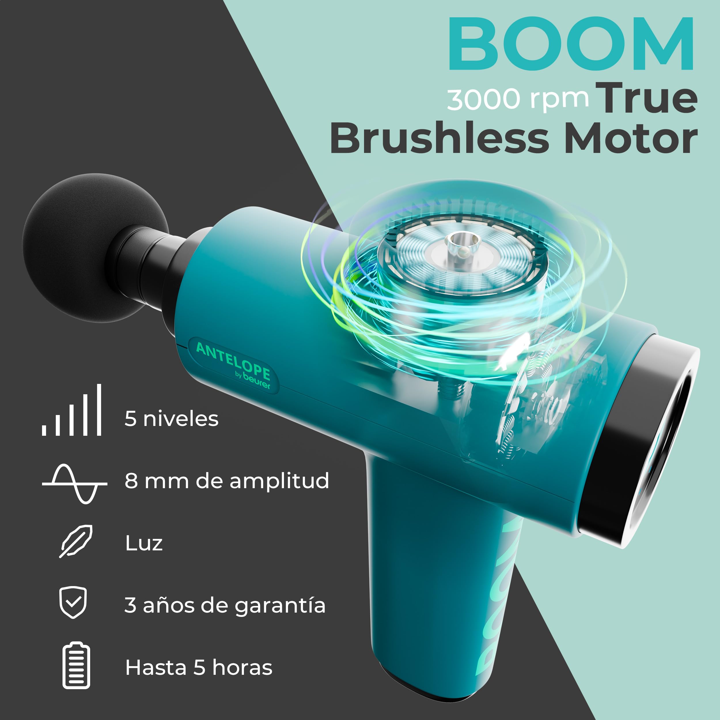 Beurer Antelope BOOM Pistola de masaje muscular, Massage Gun compacta con 4 accesorios, para relajación y regeneración, potente masaje de puntos gatillo, 5 niveles de intensidad y batería