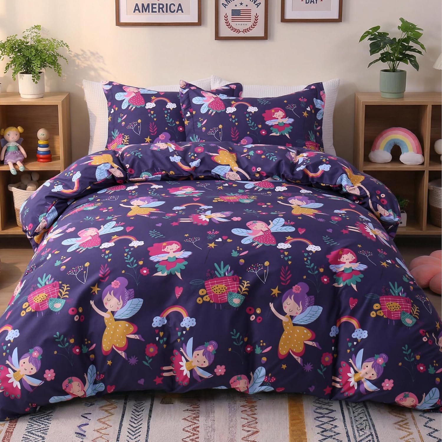 JSD Fairy Floral Kids Duvet Cover Set Queen Size, 3 Piece Girls Printed Microfiber Comforter Cover with Pillow Shams Zipper Closure, Comforter Not Included