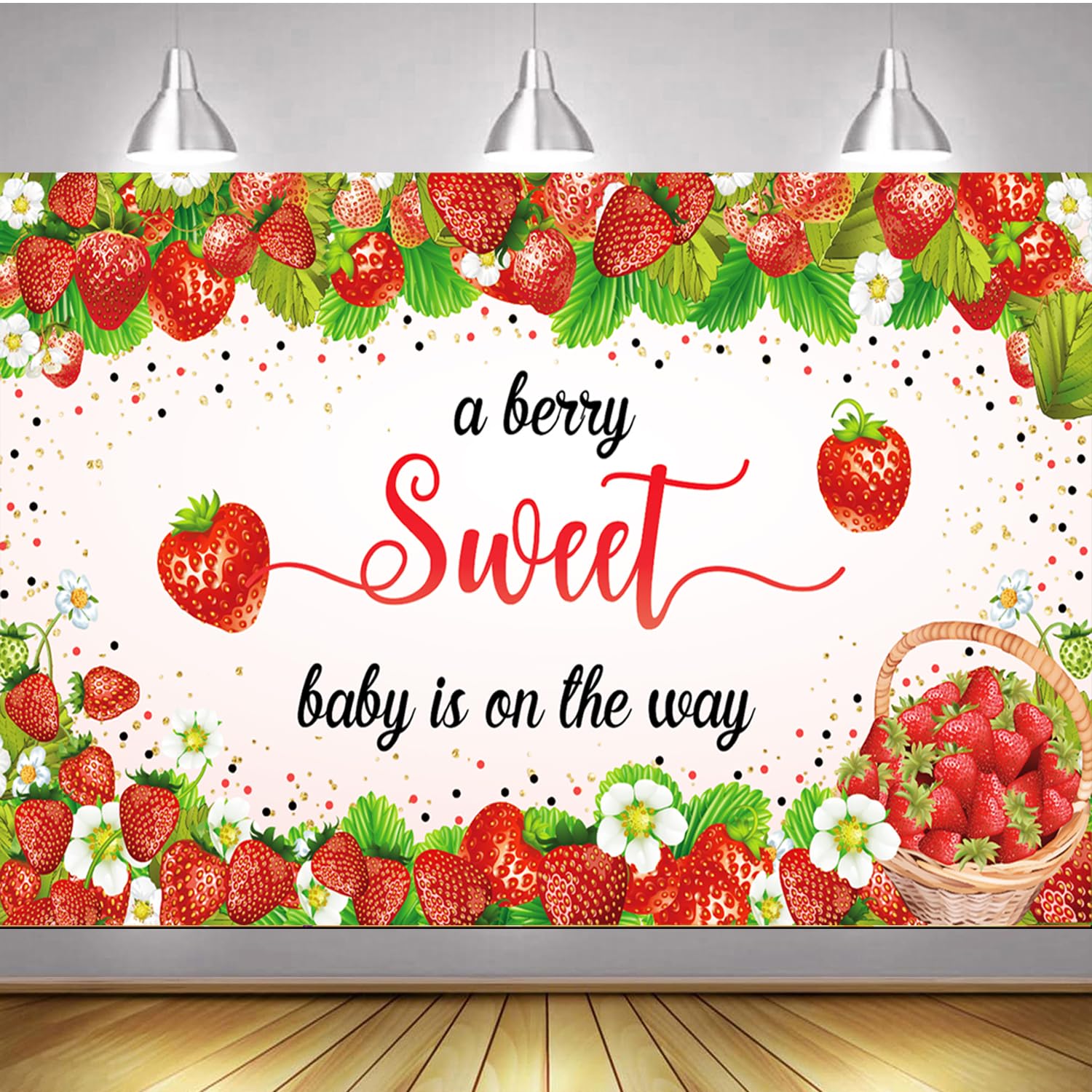 LOONELO Strawberry Baby Shower Backdrop with 70.8x43.3inch, A Berry Sweet Baby is On The Way Backdrop Banner, Strawberry Baby Photography Background for Newborn Baby Shower Birthday Party Decorations