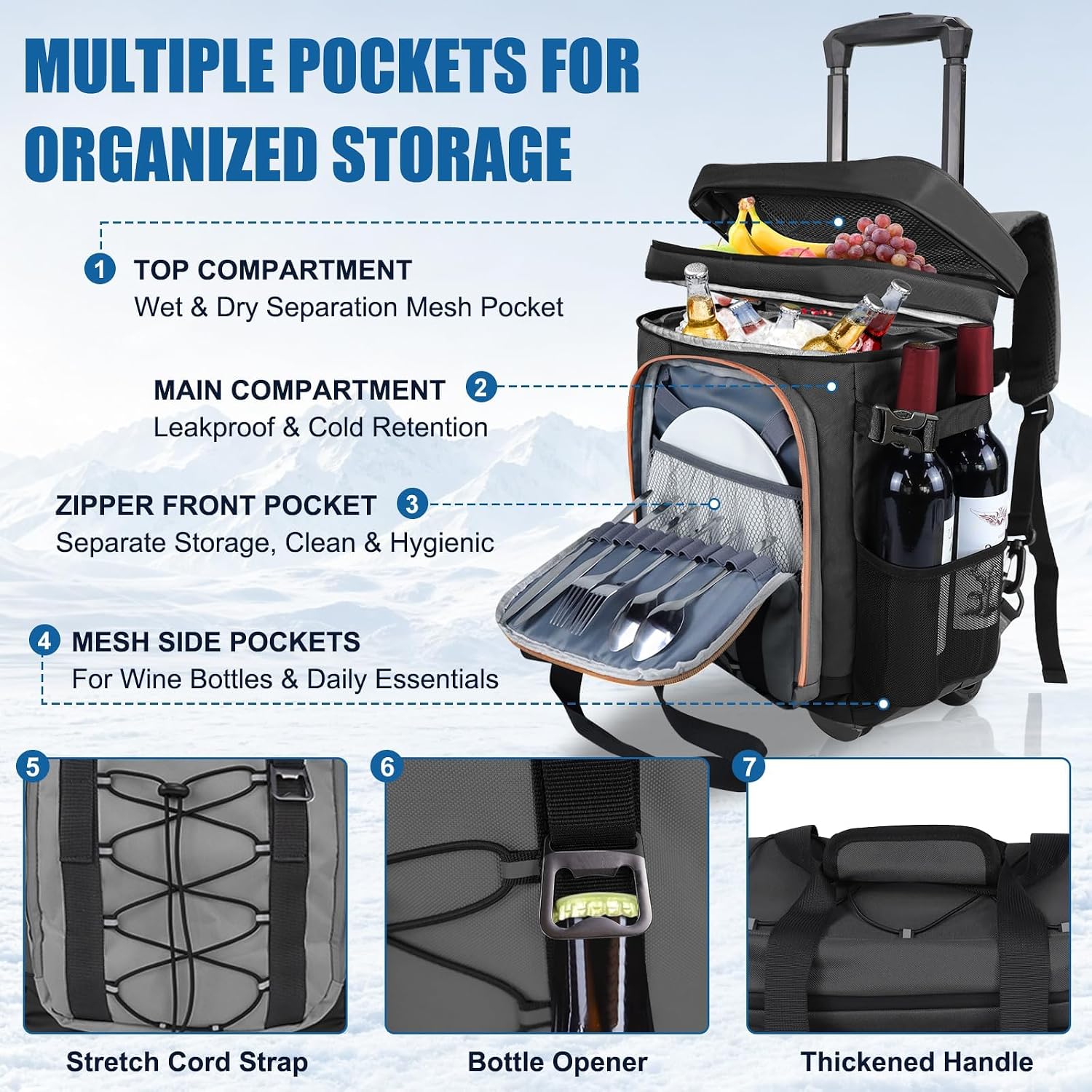 Backpack Cooler with Wheels, AYAMAYA 50 Can Rolling Cooler Backpack with Handle, 2-in-1 Collapsible Trolley Cart Double Deck Soft Cooler Bag for Beach, Picnic, Camping, Shopping, Travel