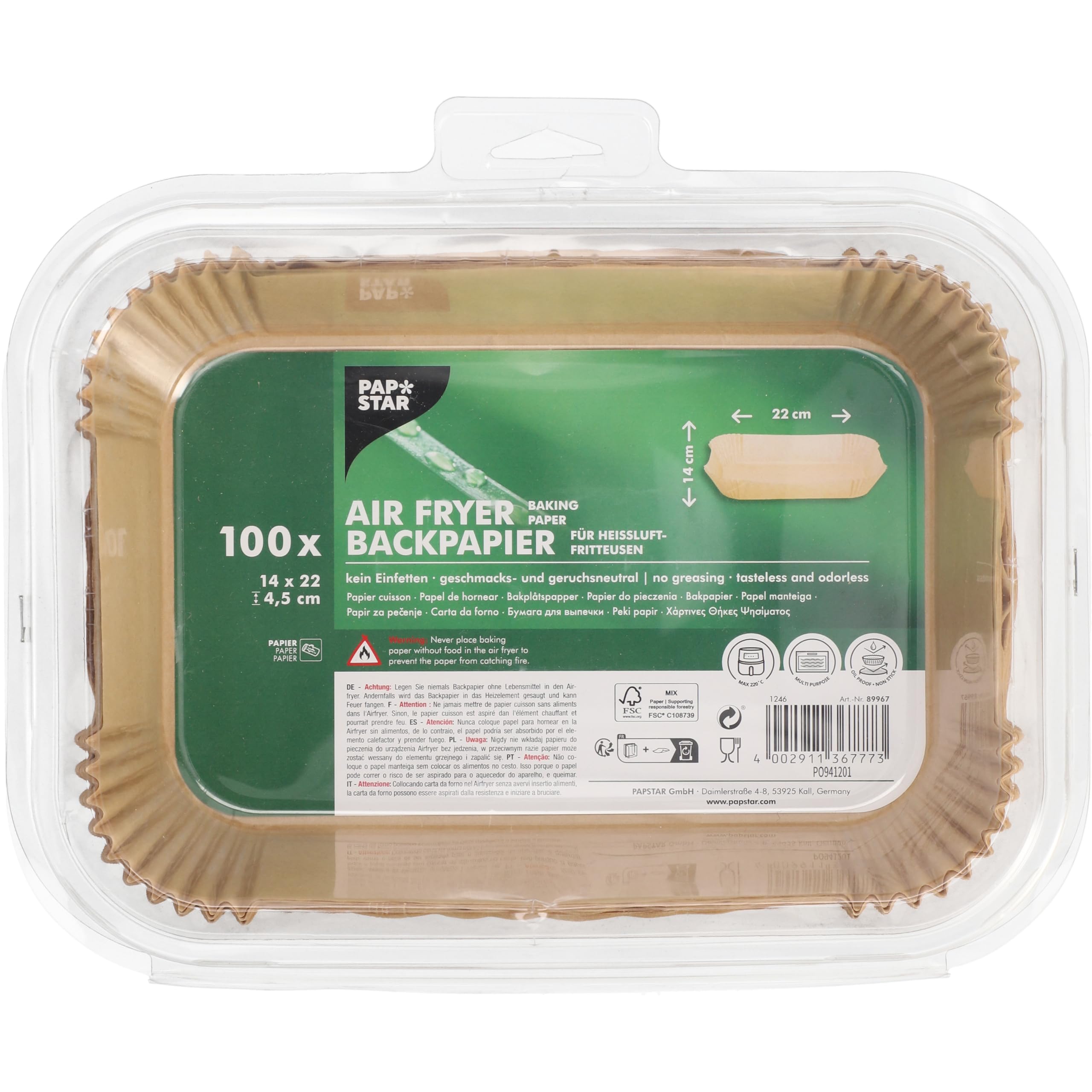 PAPSTAR, 100 papeles de horno de 22 cm x 14 cm x 4,5 cm, color marrón para freidoras de aire caliente