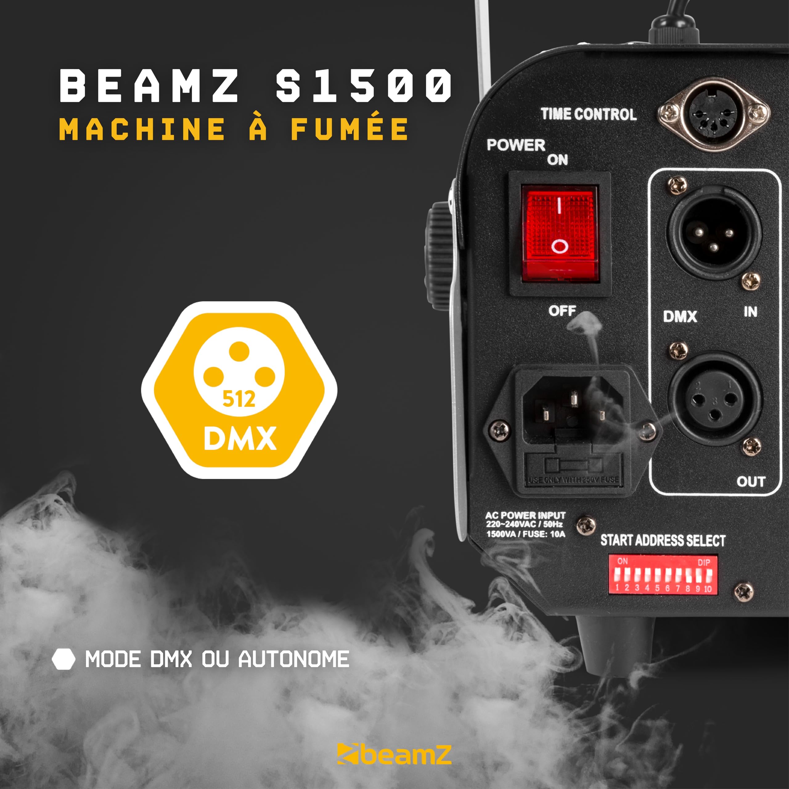 BeamZ S1500 Machine à Fumée 1500 Watts, Télécommande avec Contrôle du Débit et Programmateur, Réservoir 2.5 L, Débit par Minute 295m³, Étrier de Montage, Idéal pour Scène ou Discothèque