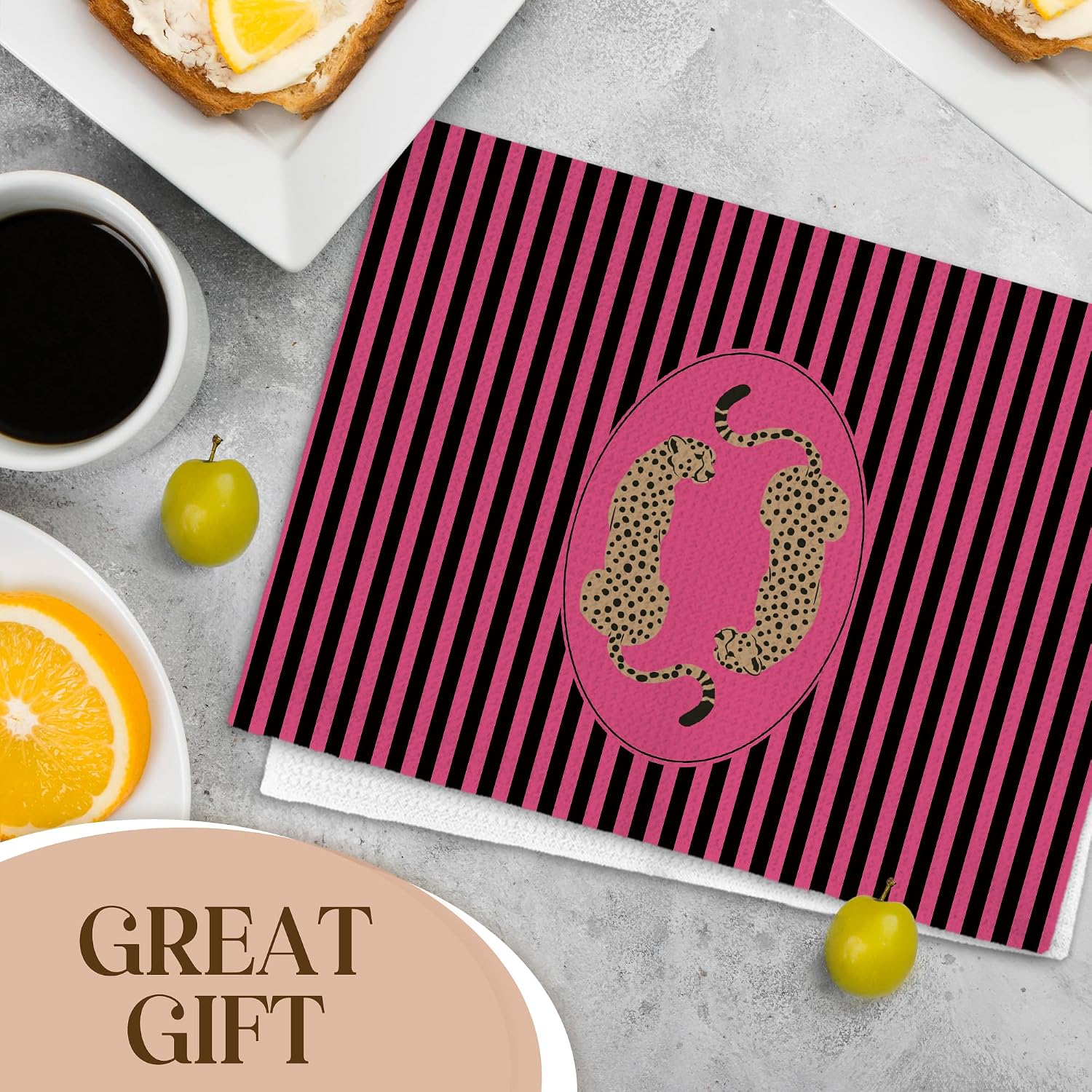 Hot Pink Cheetah Leopard Kitchen Towels,Trendy Preppy Leopard Cheetah Gifts for Women, Black and Pink Stripe Decorative Hand Tea Dish Towel for Bathroom Kitchen Decor, 16x24 Inch