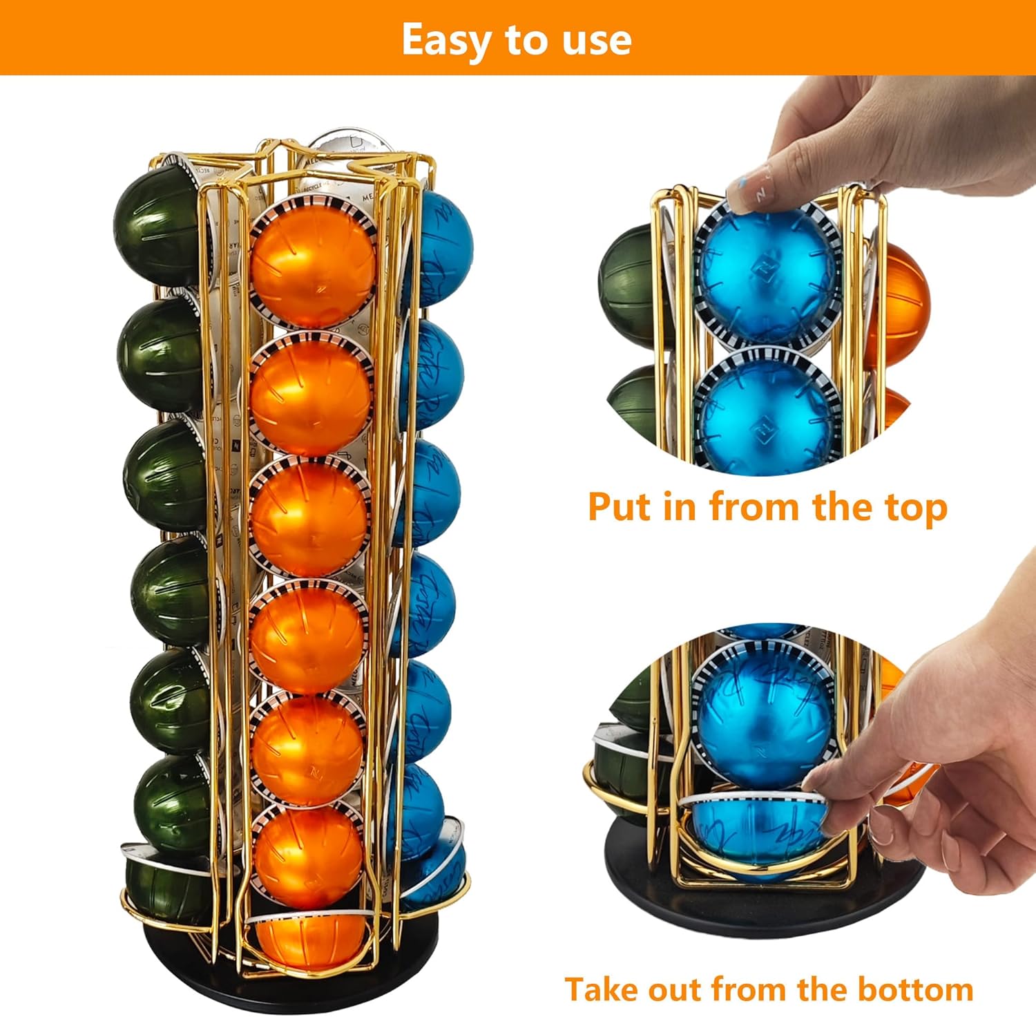 Coffee Pod Holder for Nespresso Vertuo, 35-Pod 360 Degrees Revolving Carousel, Gold Countertop Organizer, No Assembly Required, Smooth Spin & Secure Upright Slots, Fits All Vertuo Sizes