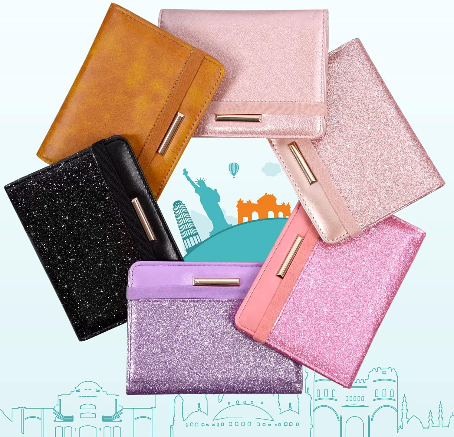  | Caweet Passport Holder and Vaccine Card Holder Combo RFID Blocking Leather Vaccination Card Wallet with Elastic Band Closure, Glitter Rose Gold | Passport Covers