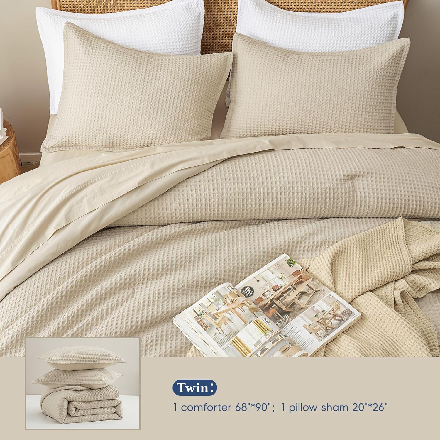 David's Home Waffle Weave Comforter Set 2PCS Twin Size, Soft Breathable Lightweight Cozy Skin-Friendly Warm for All Season, Elegant Aesthetic Home Decor Bedding Set with Pillow Shams, Linen - Image 7