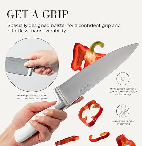 Miniatura 9 de Styled Settings Juego de cuchillos blancos con bloque y afilador, cuchillos de acero inoxidable de alto carbono de 14 piezas con bloque de madera de