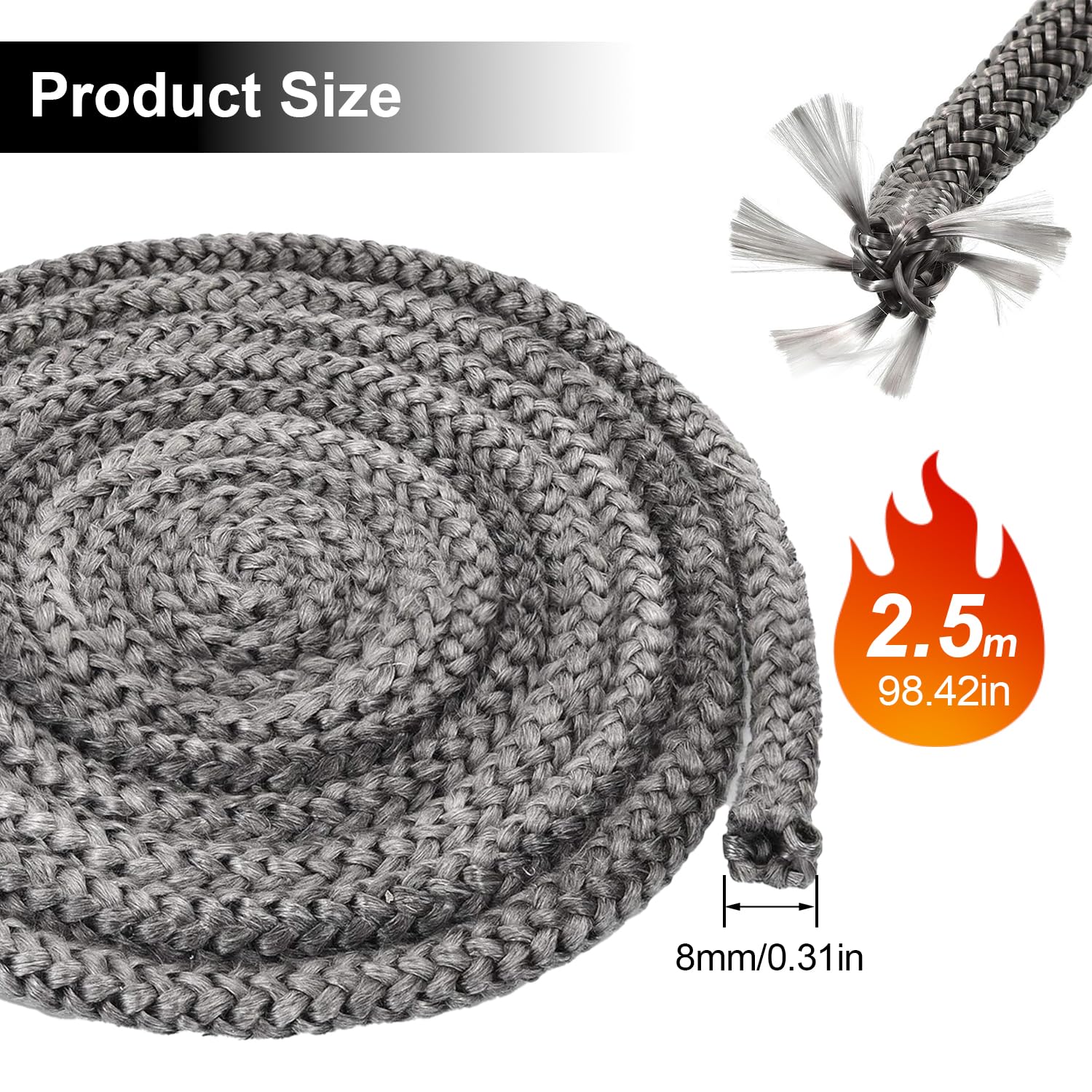 Guarnizione Stufa a Pellet 8 mm x 2.5 m Fibra di Vetro per Camino e Porta Forno