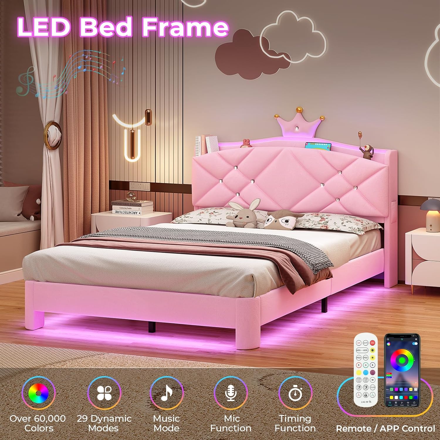 MSmask bed frame with LED lights displaying various colors and control options