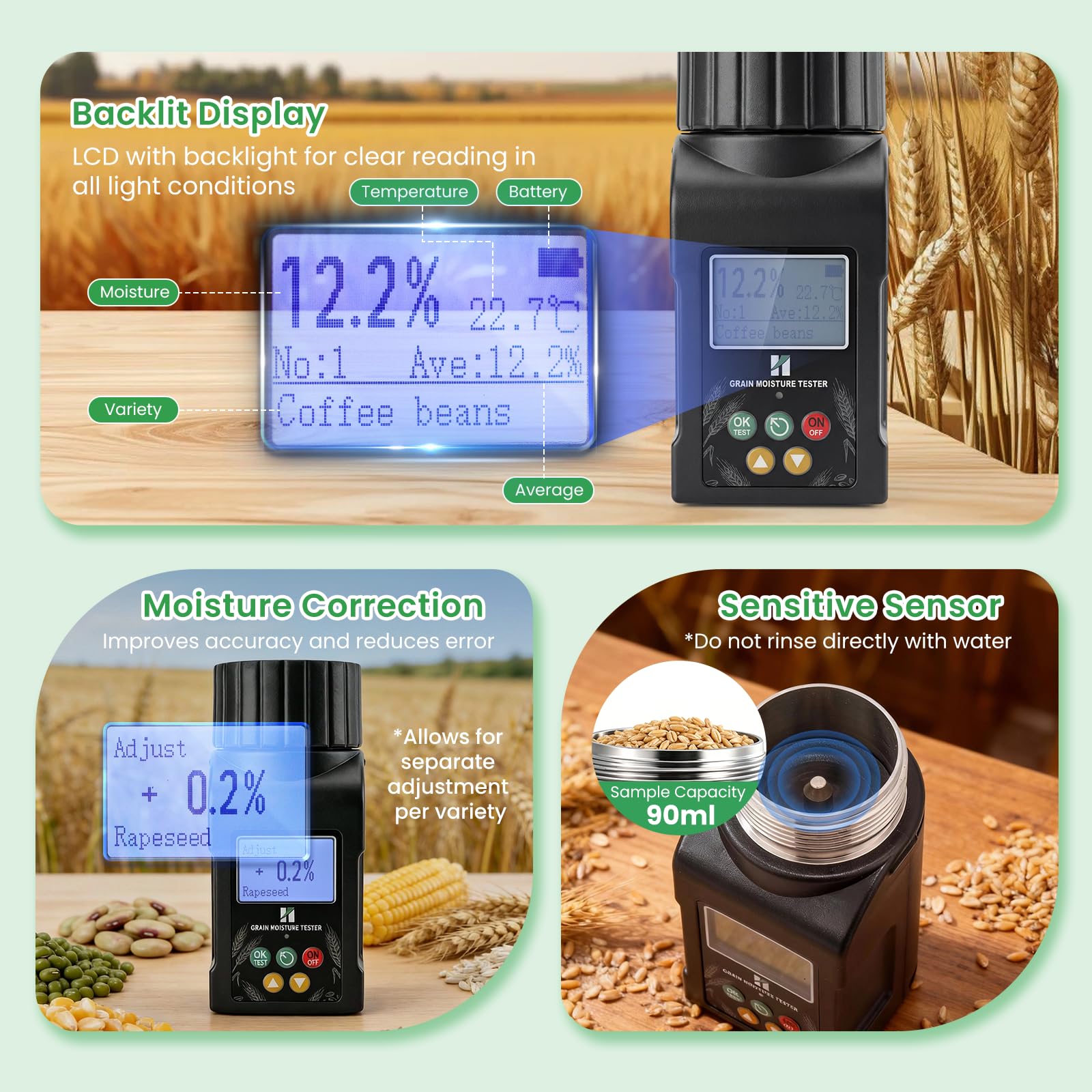 Huanyu Getreide Feuchtigkeitsmessgerät Grain Moisture Meter für 40 Sorten, ±0.5% Genauigkeit, Feuchtigkeitsmesser mit 14 Sprachen inkl. Deutsch, Temperaturkompensation, für Weizen, Rohkaffee und mehr