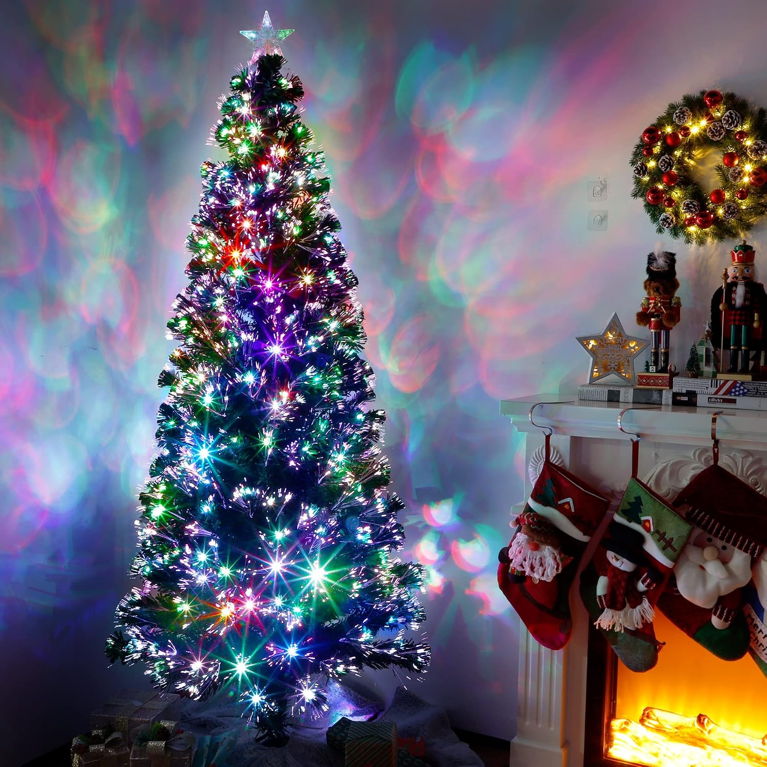Lulu Home Prelit Christmas Tree, 6FT Artificial Fiber Optic Tree with 270 Branches and Topper Star, 235 LED Colorful Lighted Xmas Green Pine Tree with Metal Stand for Indoor Outdoor Holiday Decoration