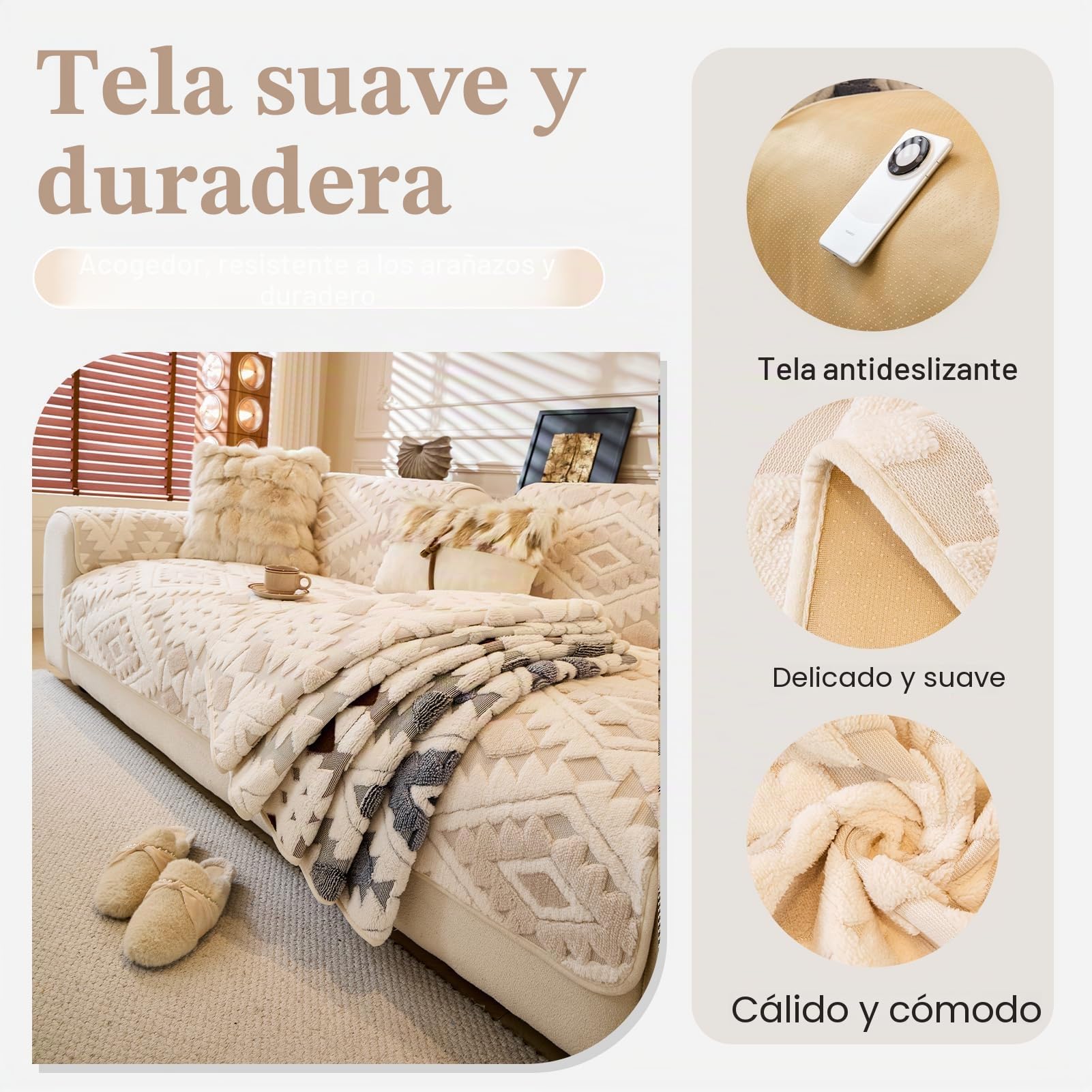 WEYOND Funda Sofa 2 3 4 plazas, Felpa Cubre Sofa, 90 x 240 cm, Beige | 1 Funda de Asiento, Protector Sofá para Perros y Gatos, Sofa cover Antideslizantes y Antimanchas, Lavable