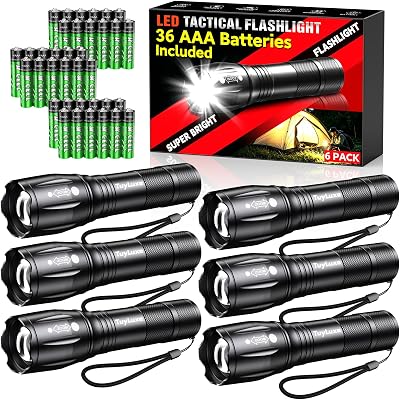 6 Pack LED Small Flashlights High Lumens, 36 AAA Batteries Included