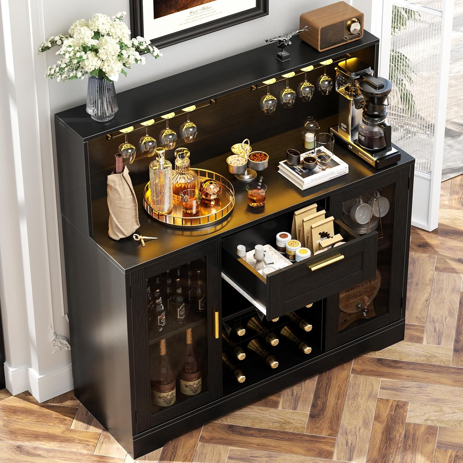 Unikito Wine Bar Cabinet with LED Light, Liquor Cabinet with Wine Rack and Glass Holder, Coffee Bar Cabinets with Drawer, Buffet Sideboard Table with Storage Shelves for Home Kitchen, Black
