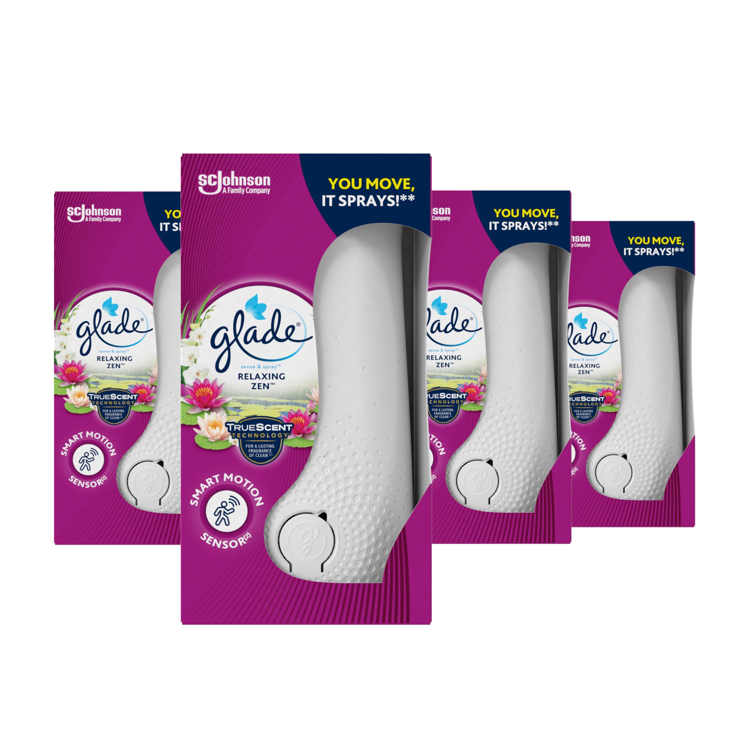Glade Sense & Spray Air Freshener Holder and Refill, Motion Activated Auto Air Freshener for Home Relax Zen Starter Kit 4 Pack (4 Holders and 4 18ml Refills)