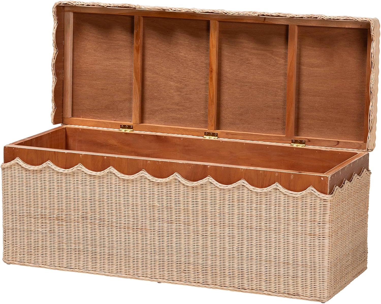Bali & pari Damita Scallop Natural Rattan Chest with Lift-top Lid – Coastal Boho Style Storage Bench for Bedroom, Entryway, or Living Room Organization